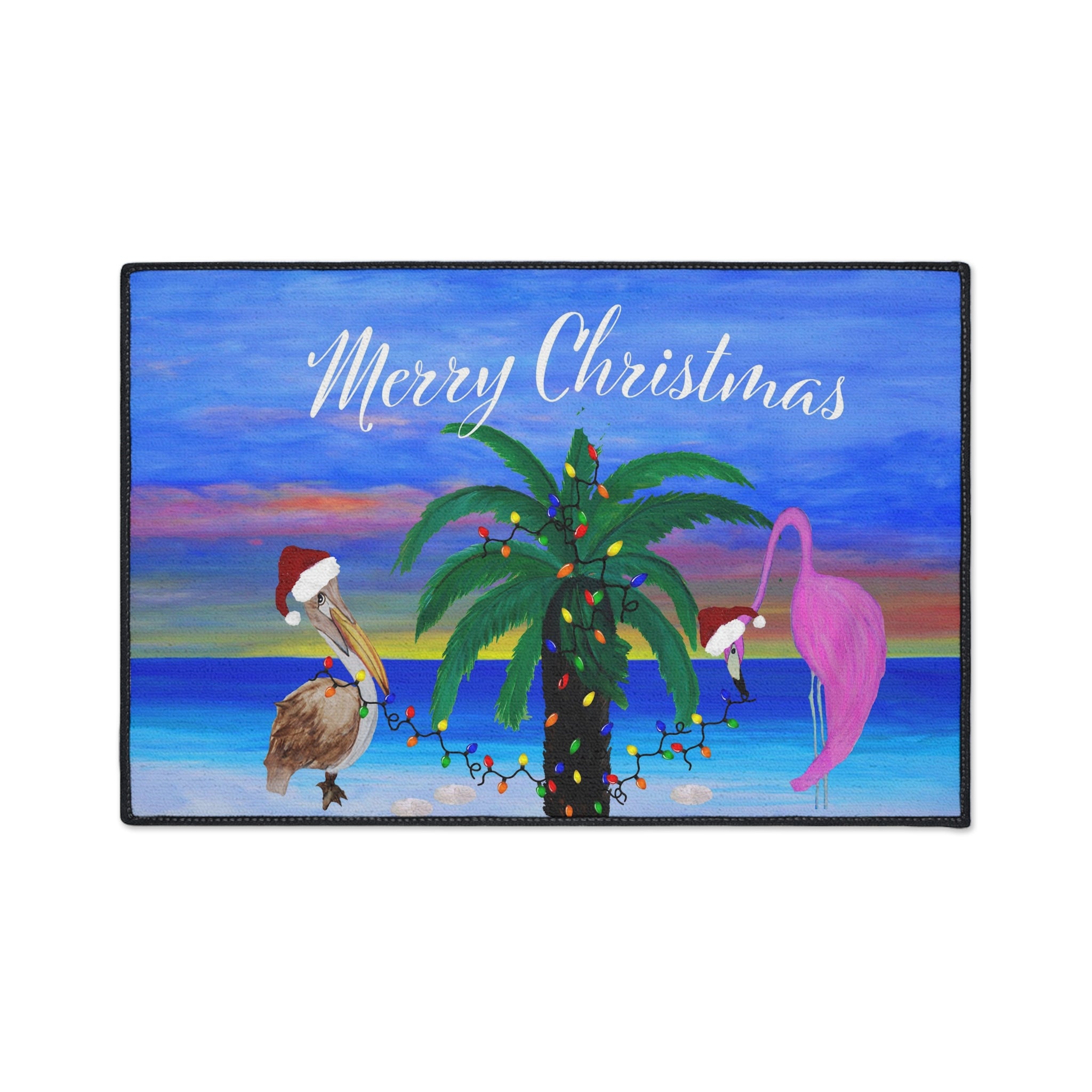 Christmas Beach Floor Mat – 'Merry Christmas' Palm Tree with Pelican & Flamingo Holiday Doormat