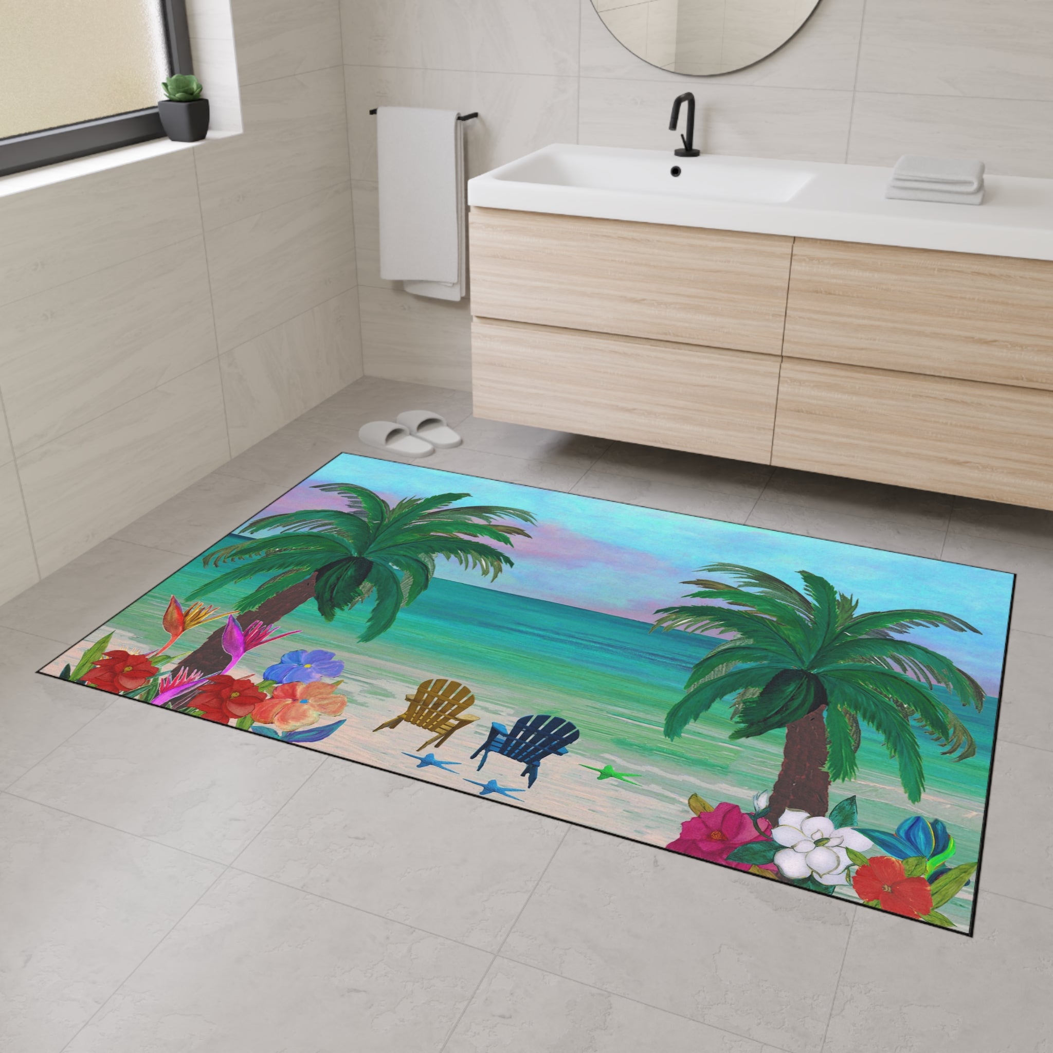 Tropical Beach Floor Mat — Palm Trees, Adirondack Chairs & Floral Welcome Doormat