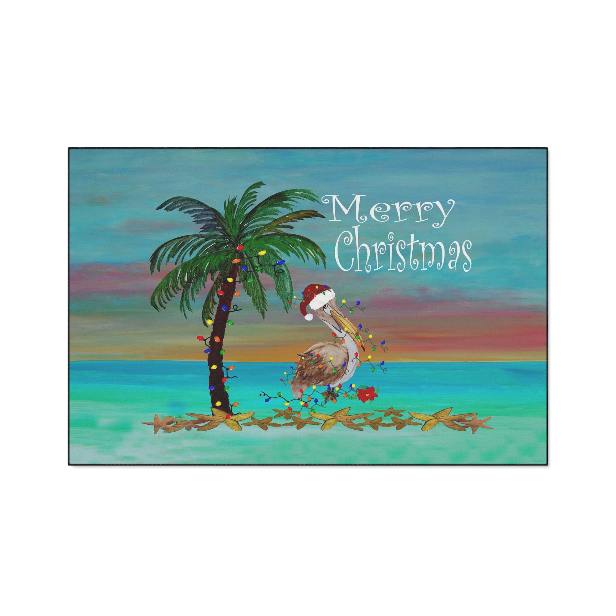 Christmas Beach Floor Mat — 'Merry Christmas' Pelican & Palm Holiday Doormat