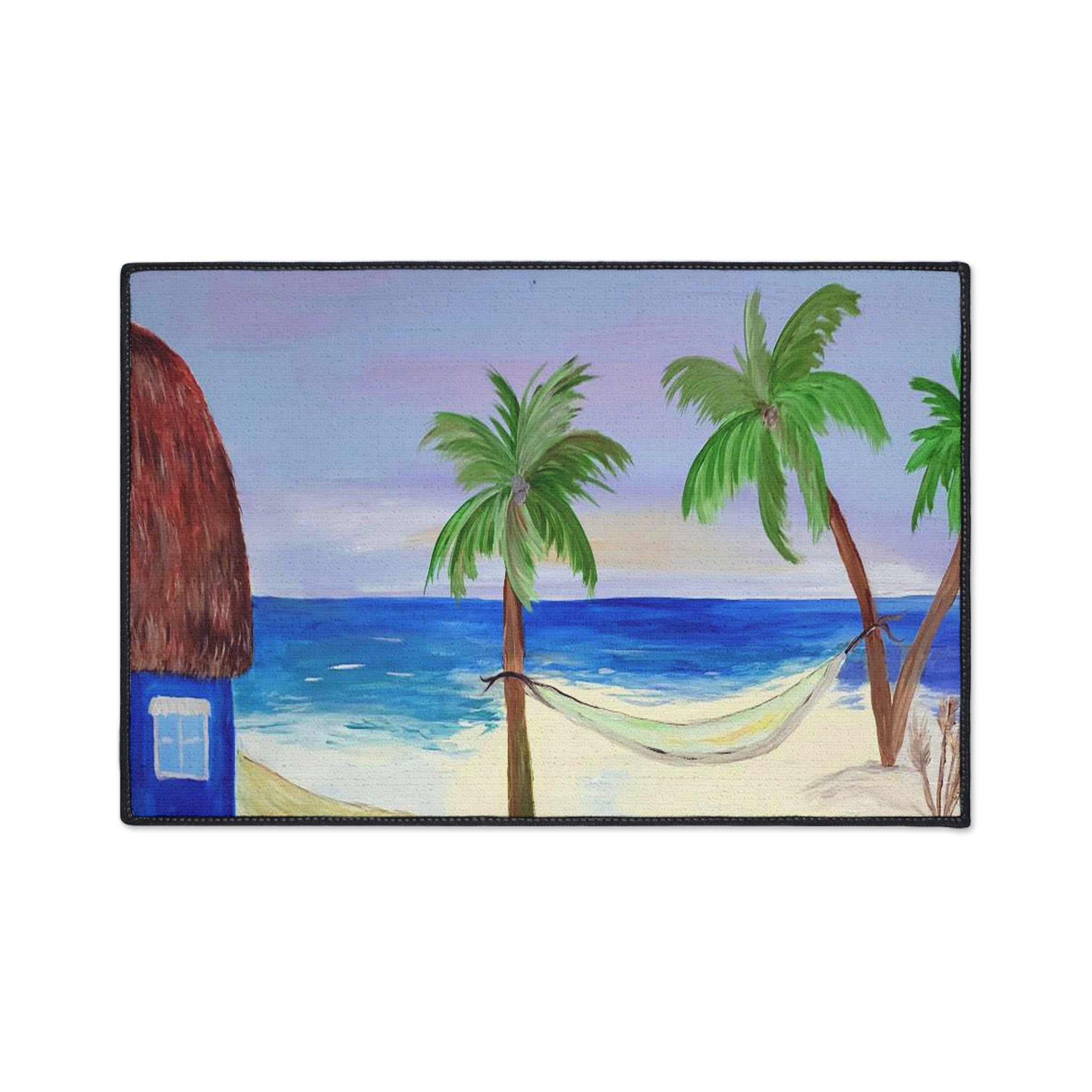 Beach Scene Heavy Duty Floor Mat — Tropical Hammock Palm Tree Doormat