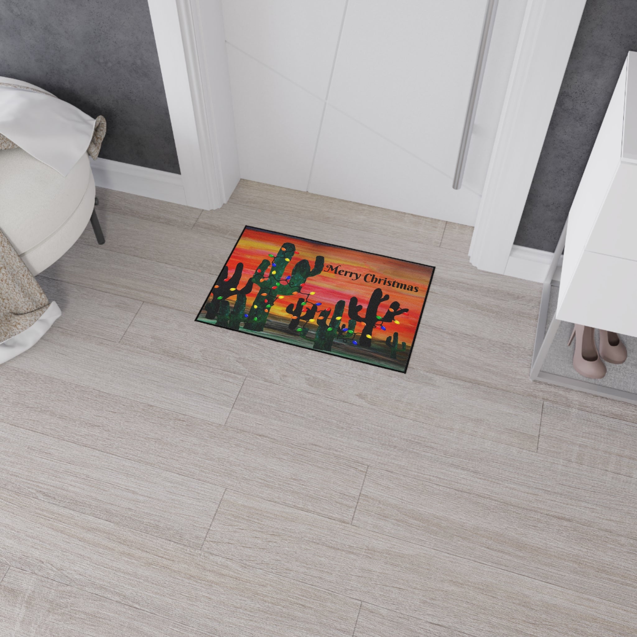Christmas Cactus Doormat - "Merry Christmas" Desert Sunset Floor Mat