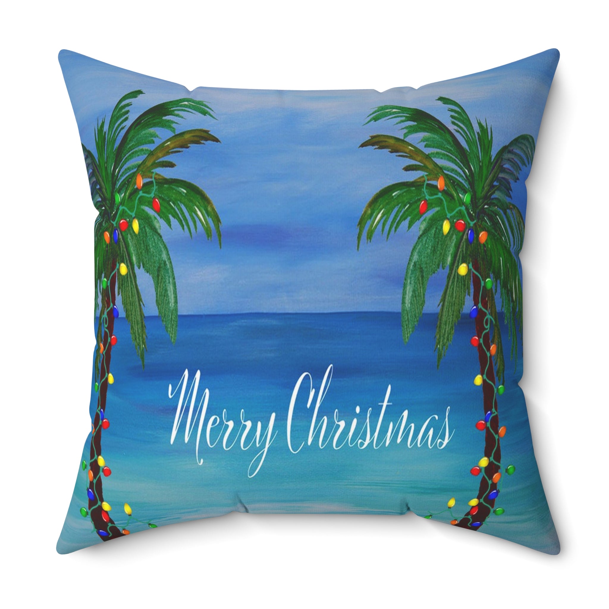 Merry Christmas Tropical Pillow — Palm Trees & Beach Holiday Throw Pillow
