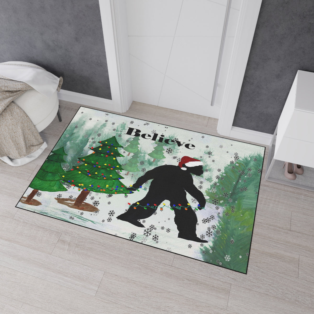 Believe Bigfoot Sashquash Holiday Floor Mat