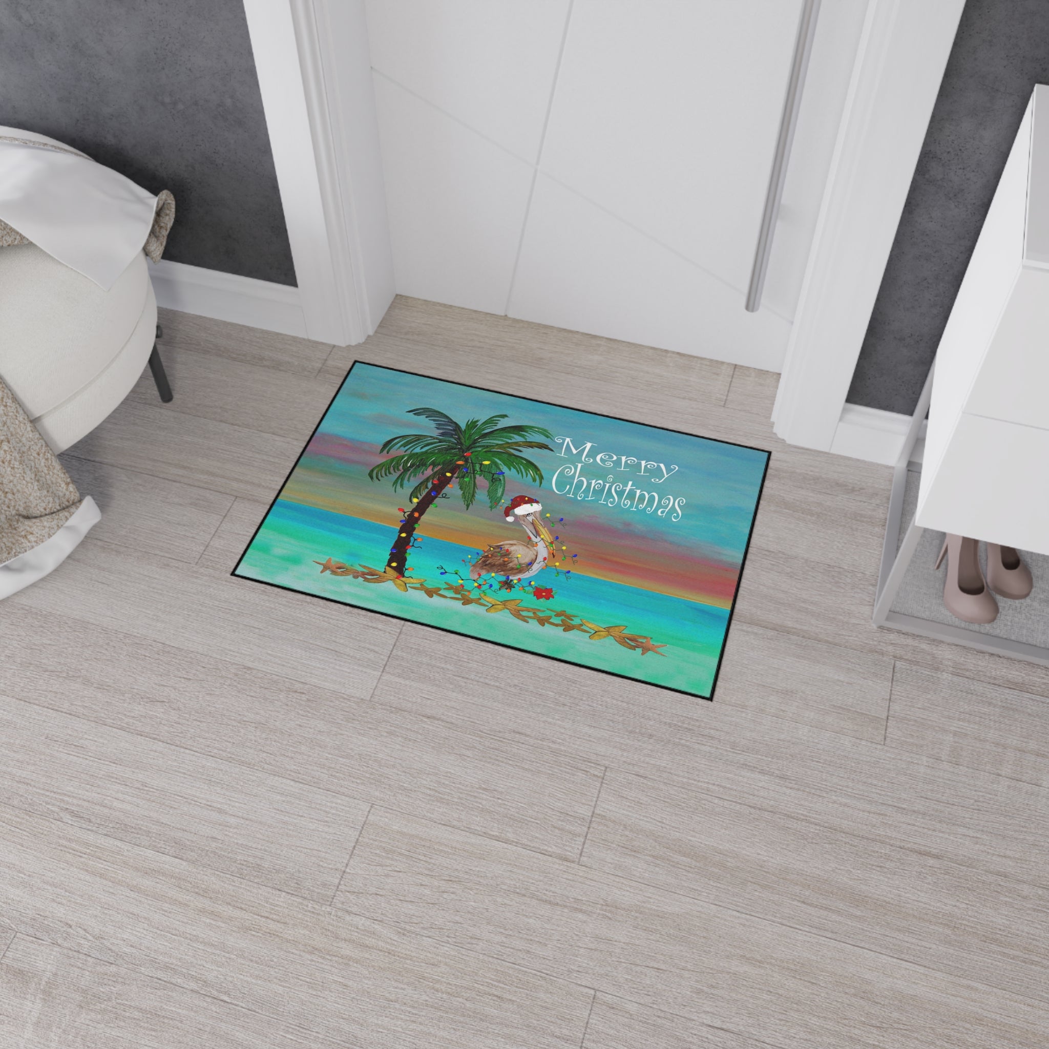 Christmas Beach Floor Mat — 'Merry Christmas' Pelican & Palm Holiday Doormat