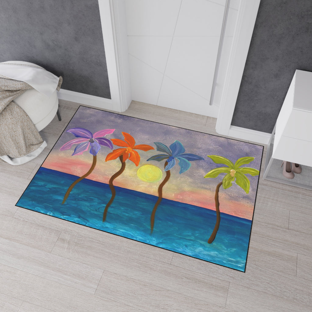Tropical Sunset Colorful Palm Trees Floor Mat