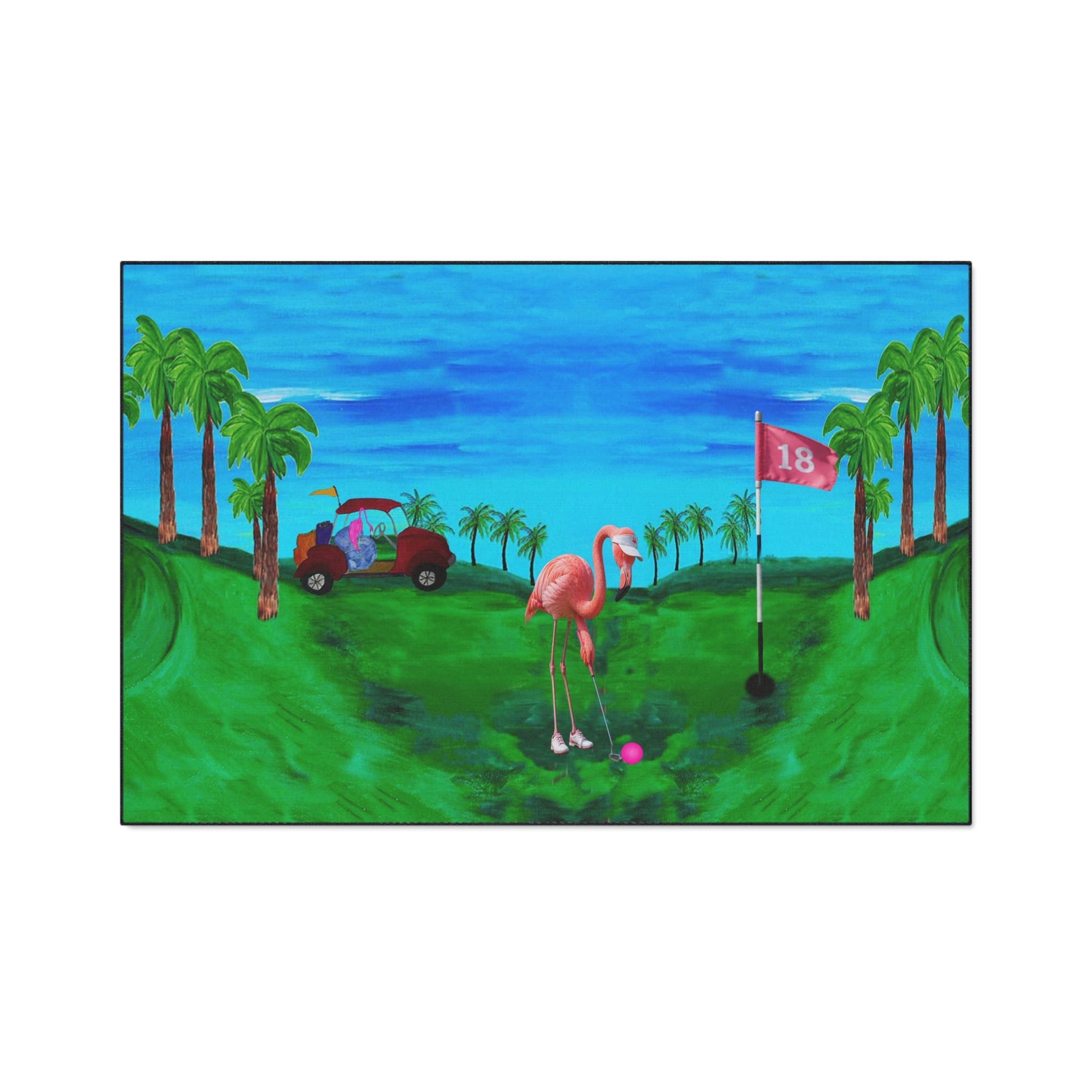 Golf Flamingo Heavy Duty Floor Mat — Tropical 18th Hole Welcome Mat