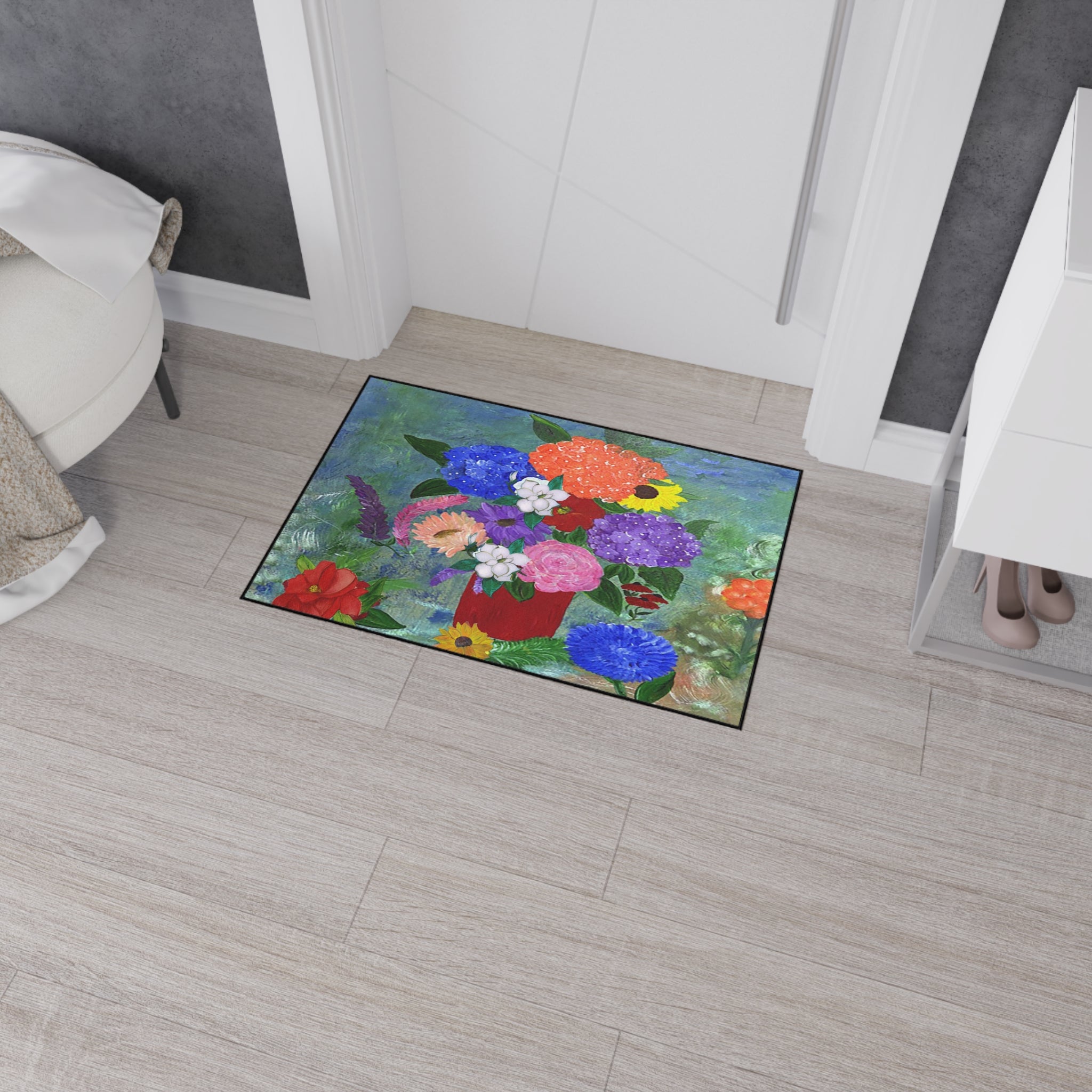 Floral Bouquet Heavy-Duty Floor Mat — Colorful Painted Flowers Entrance Rug
