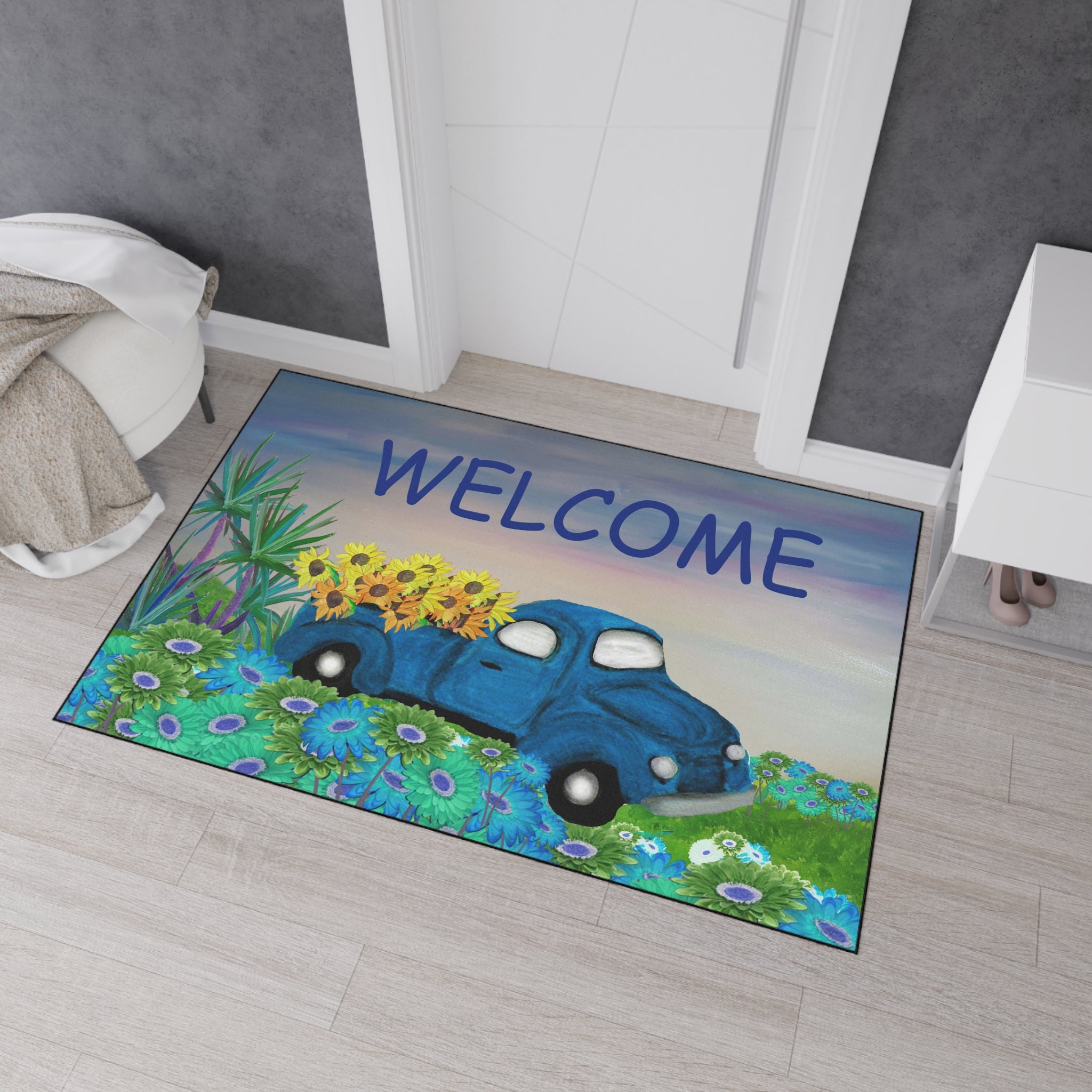Welcome Blue Truck Doormat - Heavy Duty Floor Mat with Sunflowers