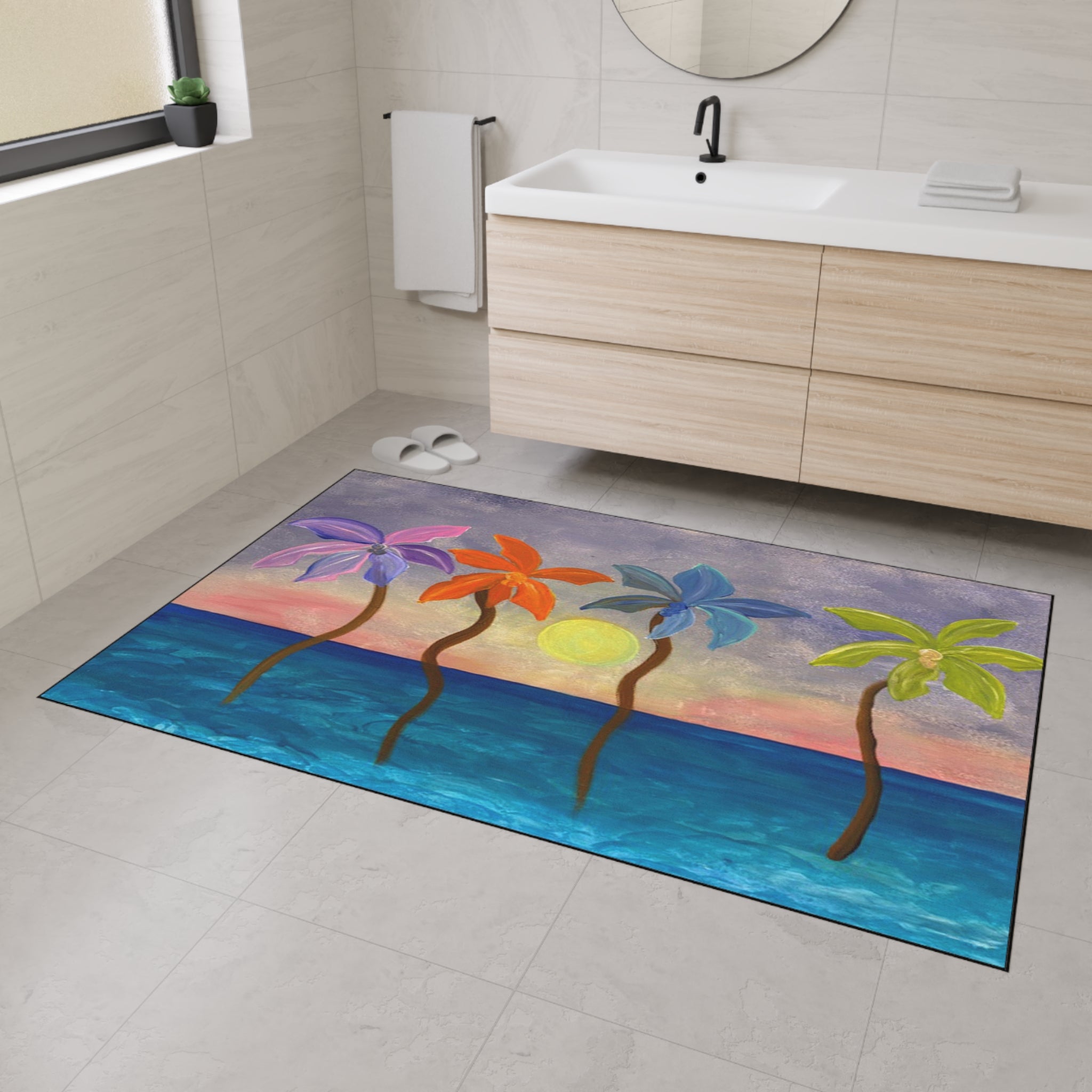 Tropical Sunset Colorful Palm Trees Floor Mat