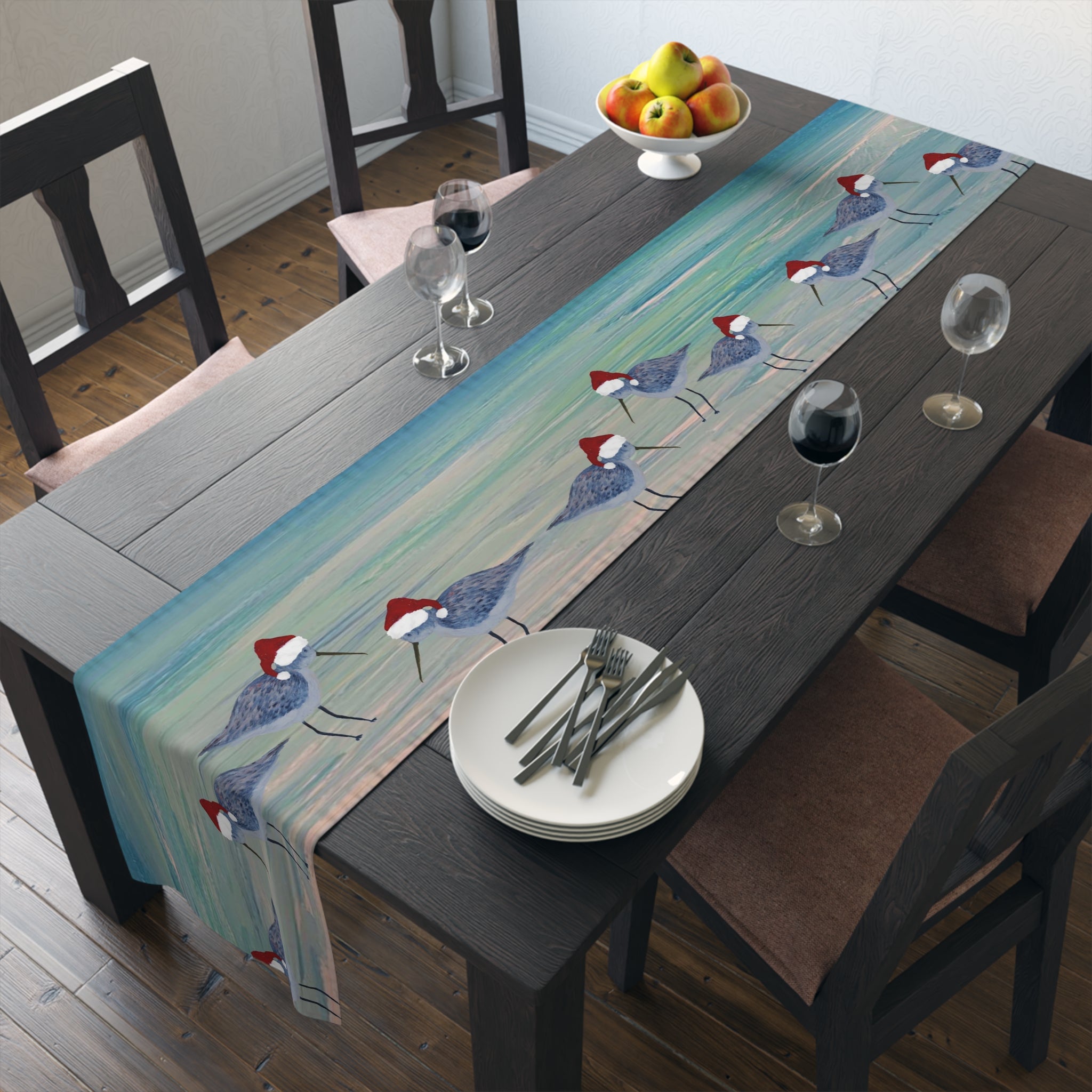 Christmas Holiday Coastal Sandpiper Table Runner — Blue Beach Shorebirds Cotton-Poly Décor