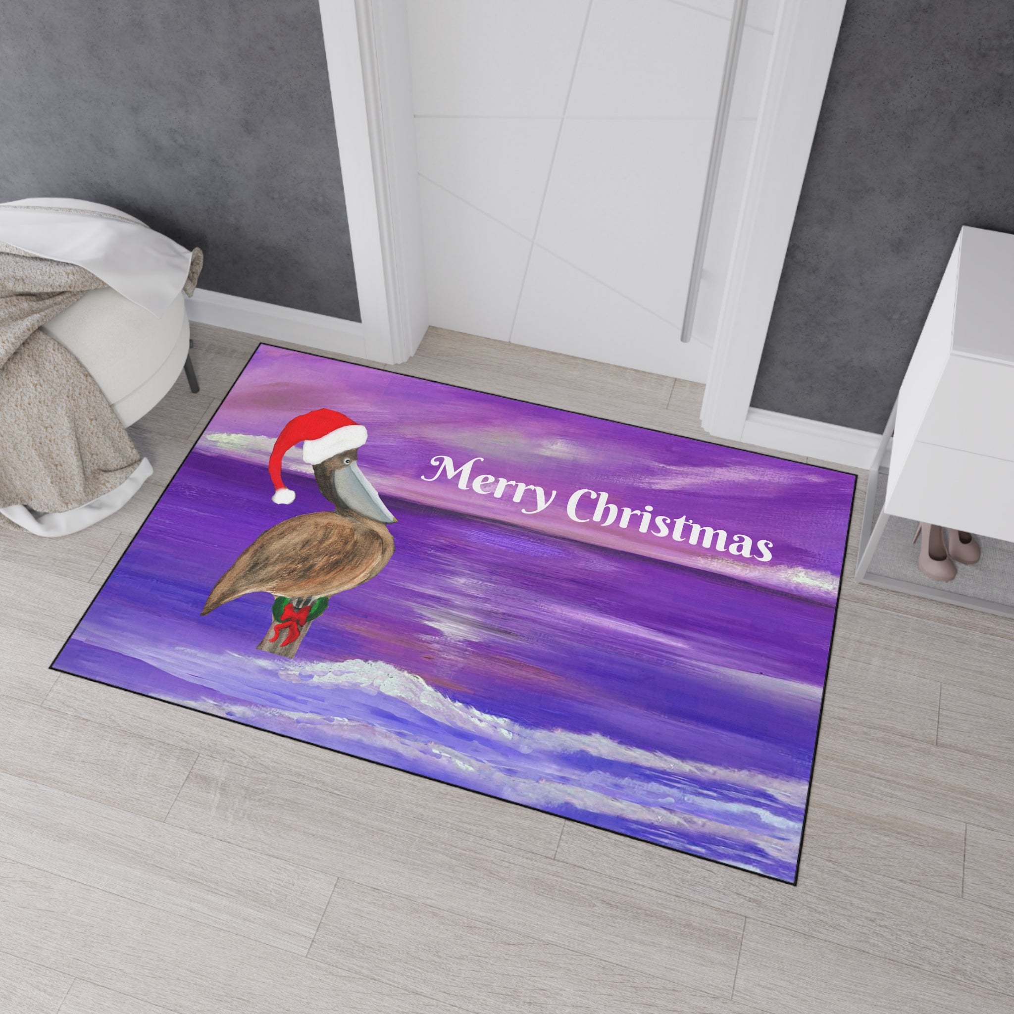 Merry Christmas Pelican Heavy-Duty Floor Mat — Coastal Holiday Welcome Mat