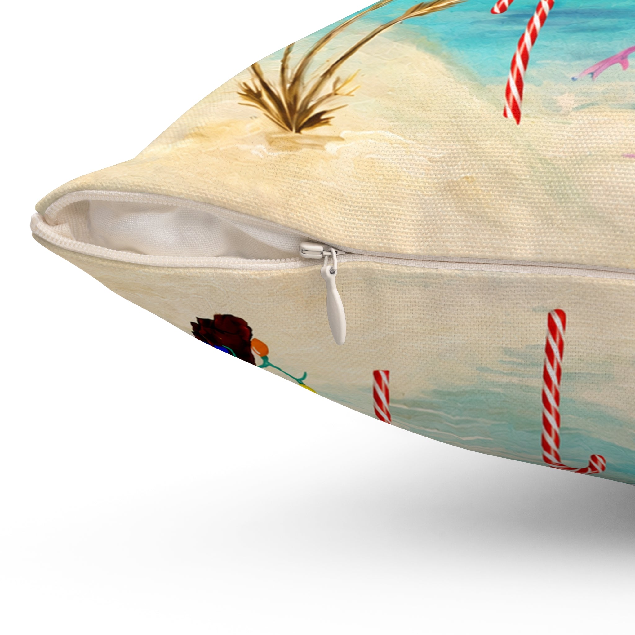 Christmas Flamingo Candy Canes Beach Pillow — Merry Christmas Tropical Holiday Throw Pillow