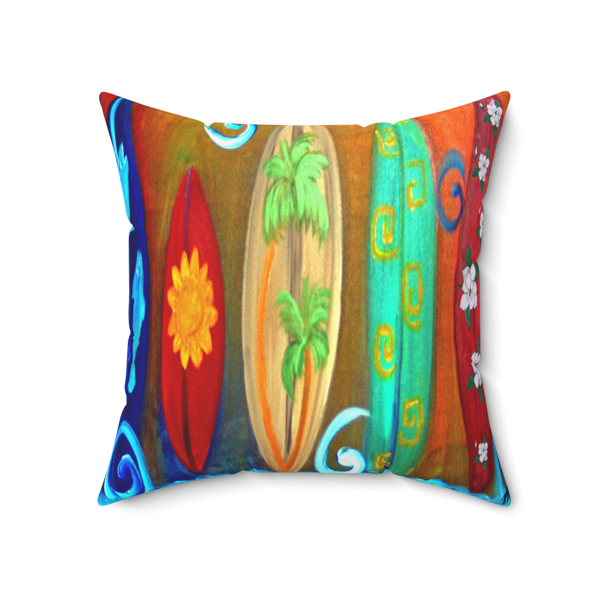 Surfboard Art Decorative Pillow — Colorful Tropical Beach Throw Pillow