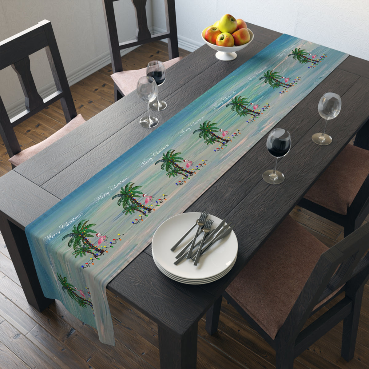 Tropical Palm Christmas Table Runner — "Merry Christmas" Coastal Holiday Decor