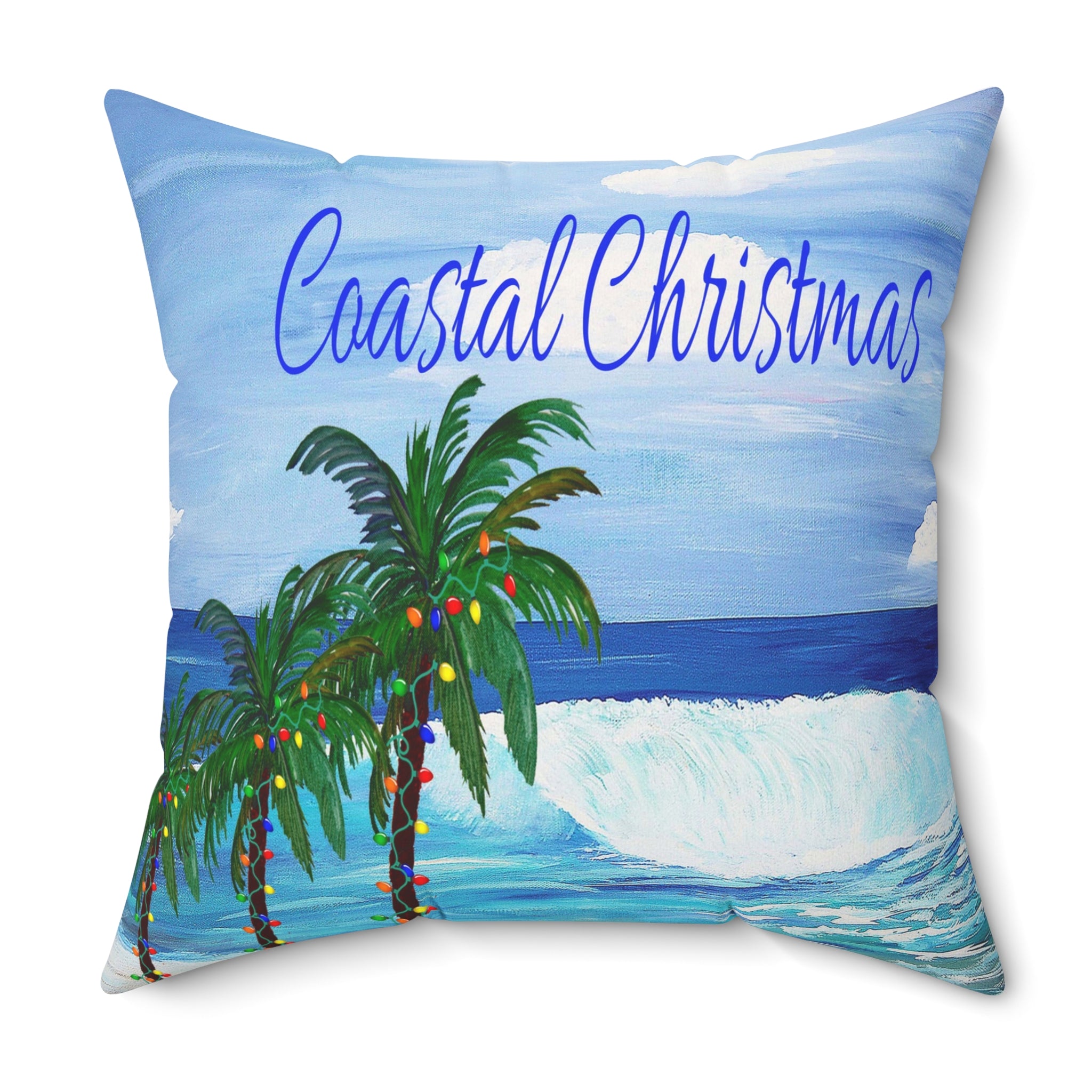 Coastal Christmas Throw Pillow - Tropical Palm Tree Beach Holiday Decor