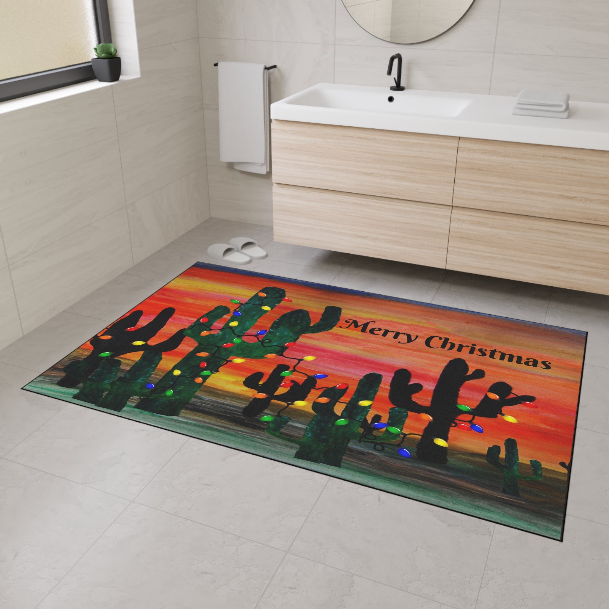 Christmas Cactus Doormat - "Merry Christmas" Desert Sunset Floor Mat