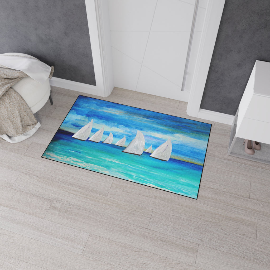 Sailboat Seascape Heavy-Duty Floor Mat — Coastal Nautical Entry Rug