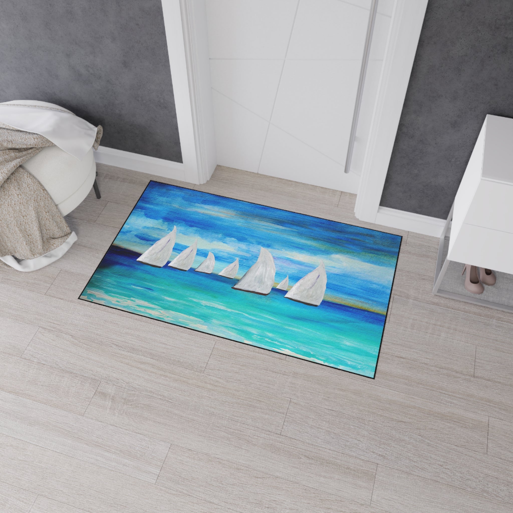 Sailboat Seascape Heavy-Duty Floor Mat — Coastal Nautical Entry Rug