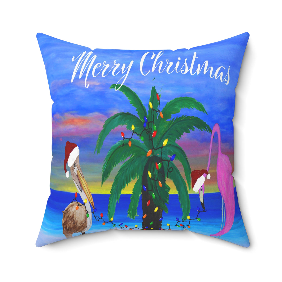Christmas pelican and flamingo Santas trim a palm tree Holiday lights Spun Polyester Square Pillow