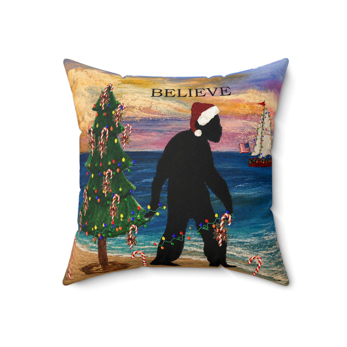 Believe Bigfoot Funny Nautical Holiday Christmas Throw Pillow