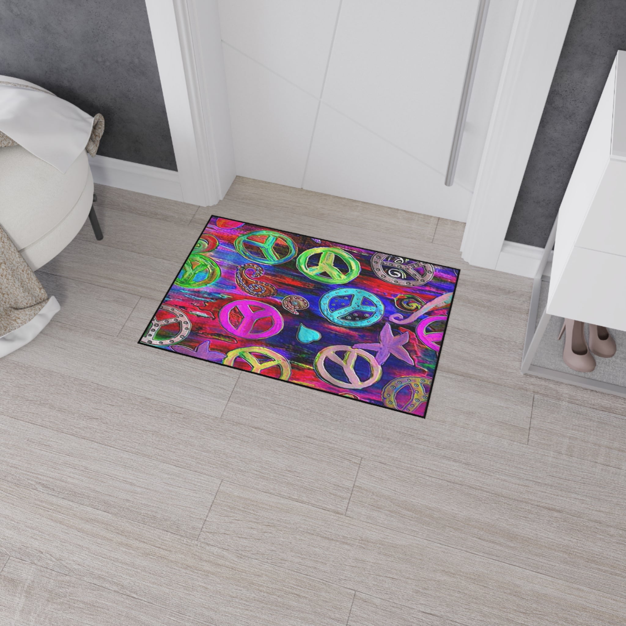 Vibrant Peace Signs Heavy Duty Floor Mat — Colorful Boho Entry Rug