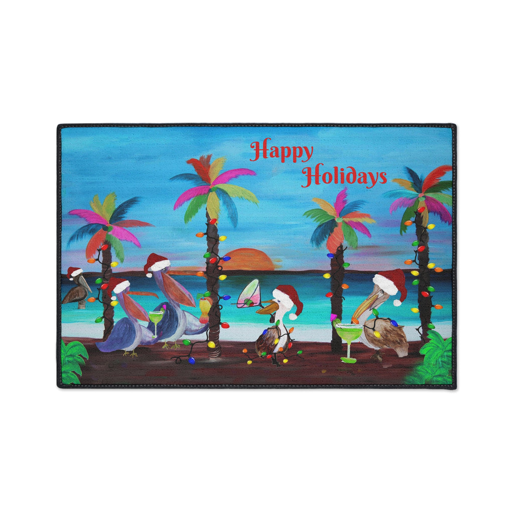 Christmas Pelican Party Cocktails Beach Mat — "Merry Christmas" Holiday Doormat