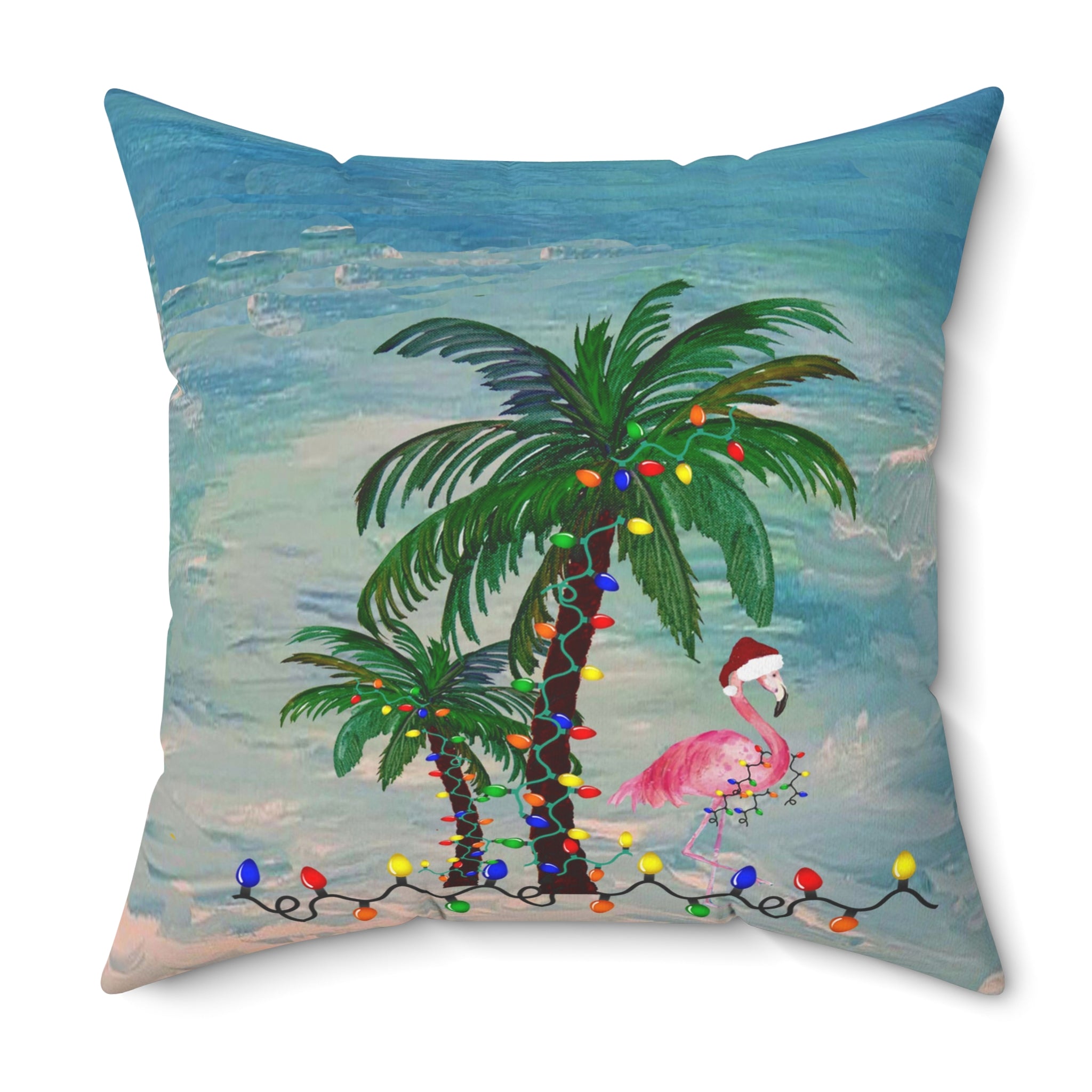 Tropical Christmas Palm Pillow — Flamingo & Holiday Lights Square Throw Pillow