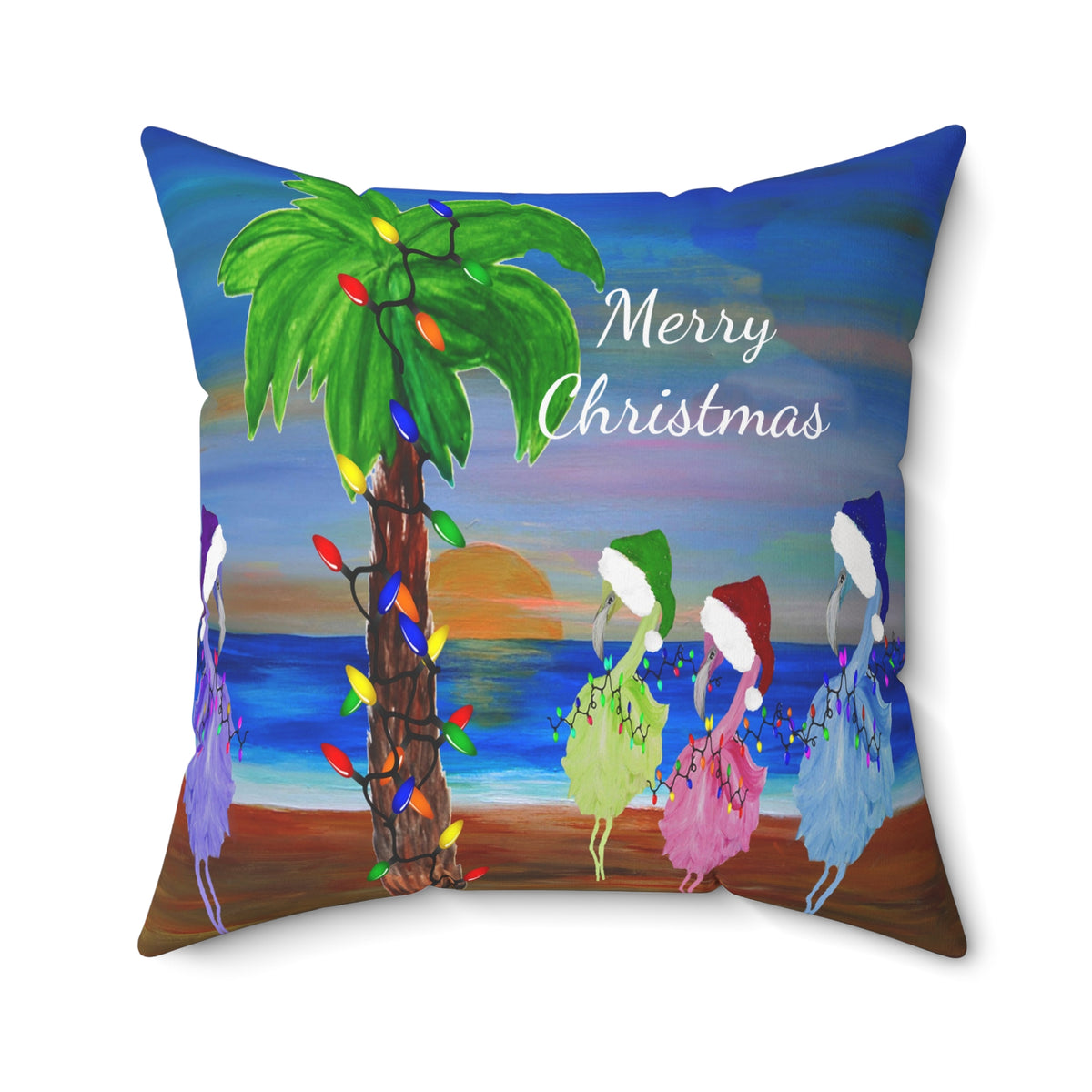 Flamingos Merry Christmas Tropical Palm Pillow — Festive Beach Holiday Decor