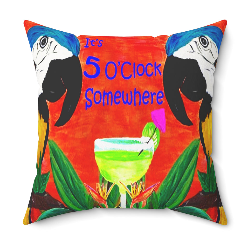 Square Pillow — Tropical Parrot 'It's 5 O'Clock Somewhere' Cocktail Design