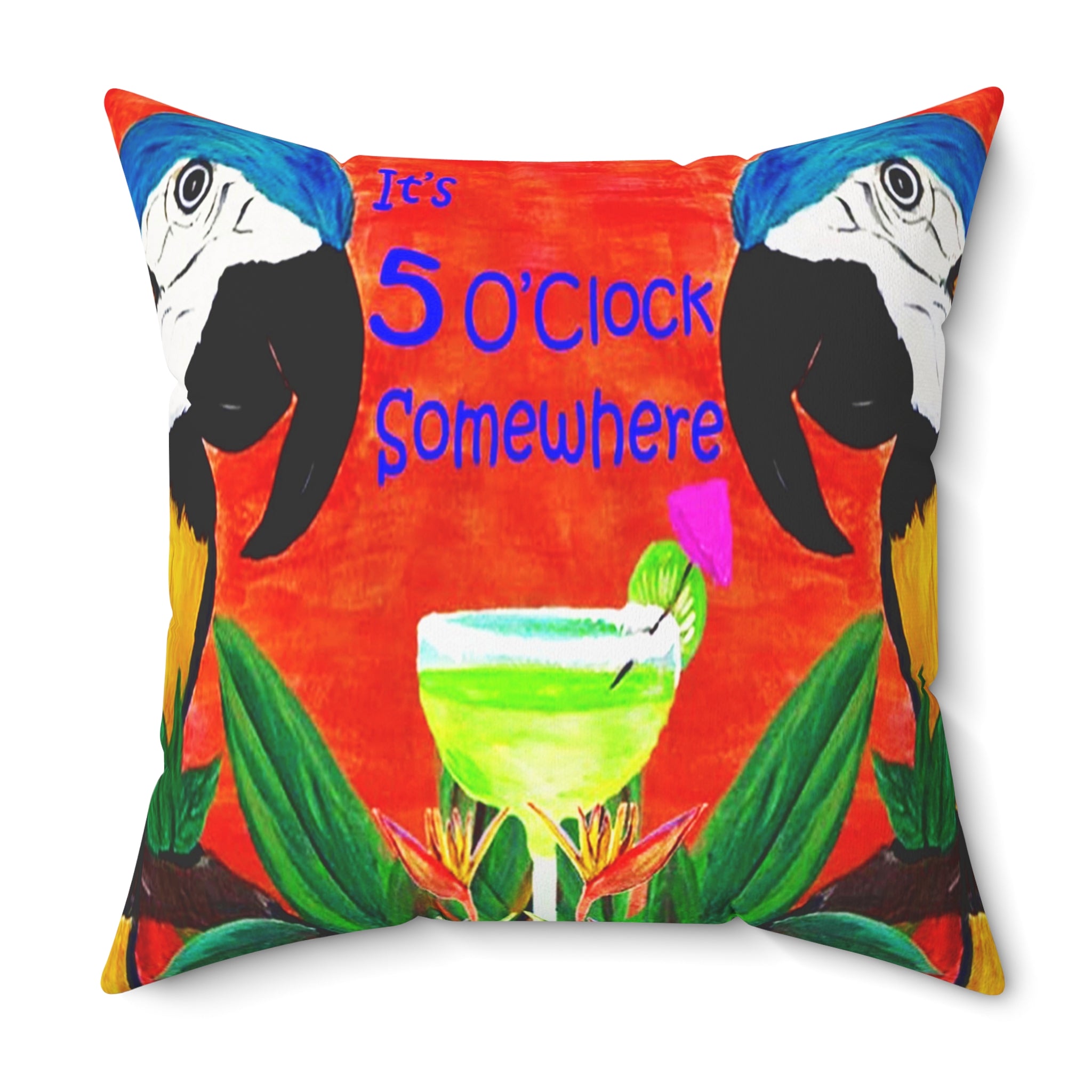Square Pillow — Tropical Parrot 'It's 5 O'Clock Somewhere' Cocktail Design