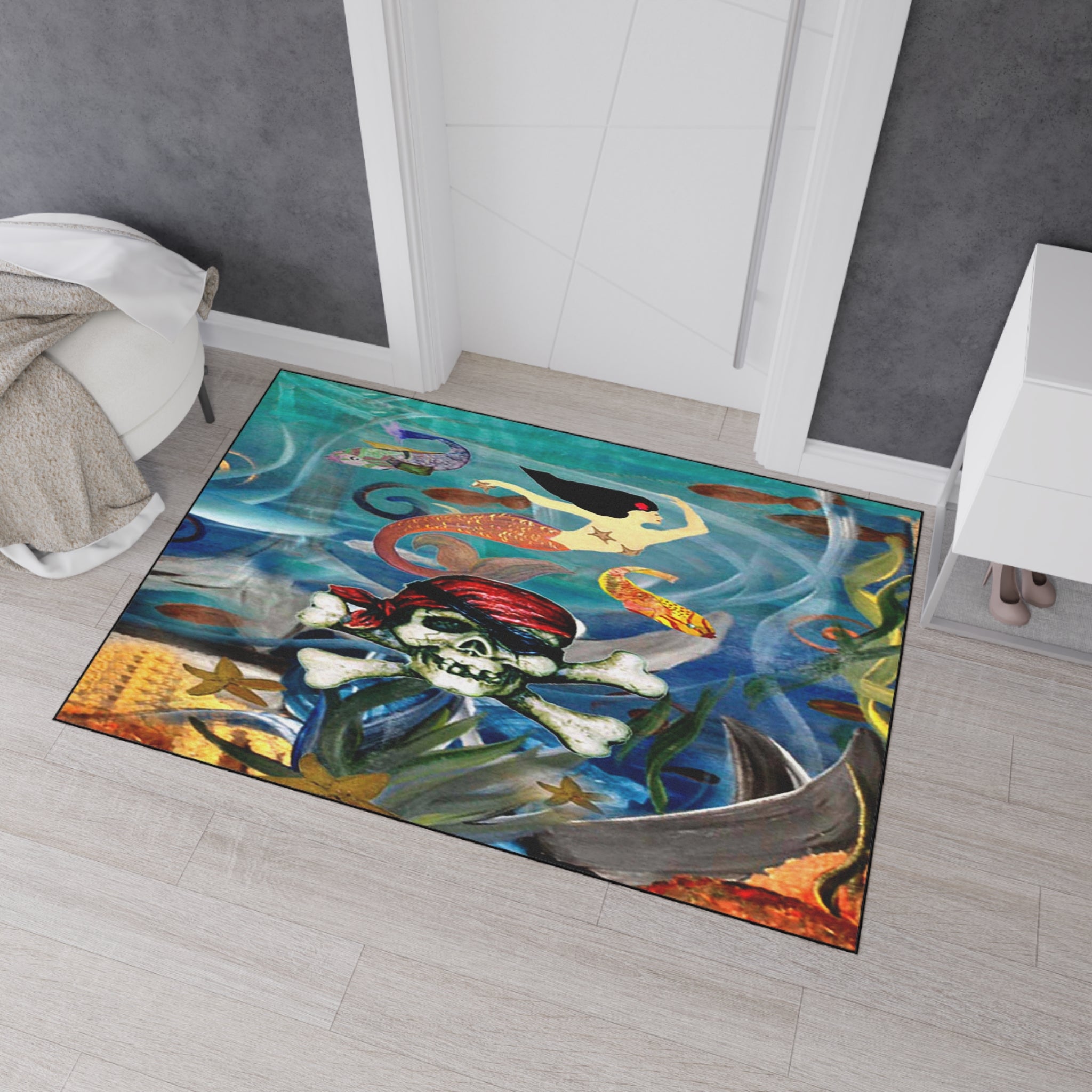 Pirate Skull & Mermaid Heavy Duty Floor Mat — Nautical Entryway Rug