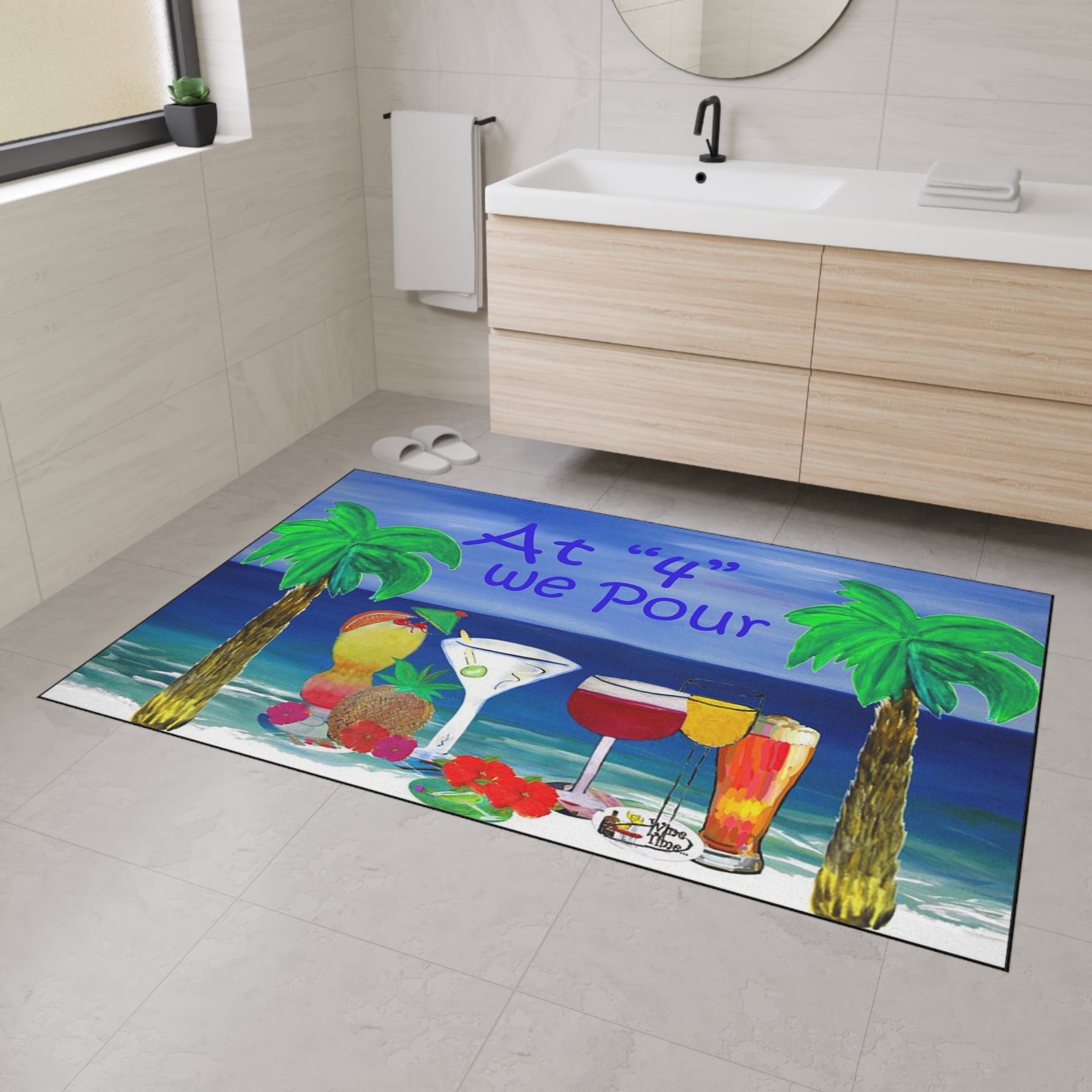 Heavy Duty Floor Mat — "At '4' We Pour" Tropical Cocktail Beach Design