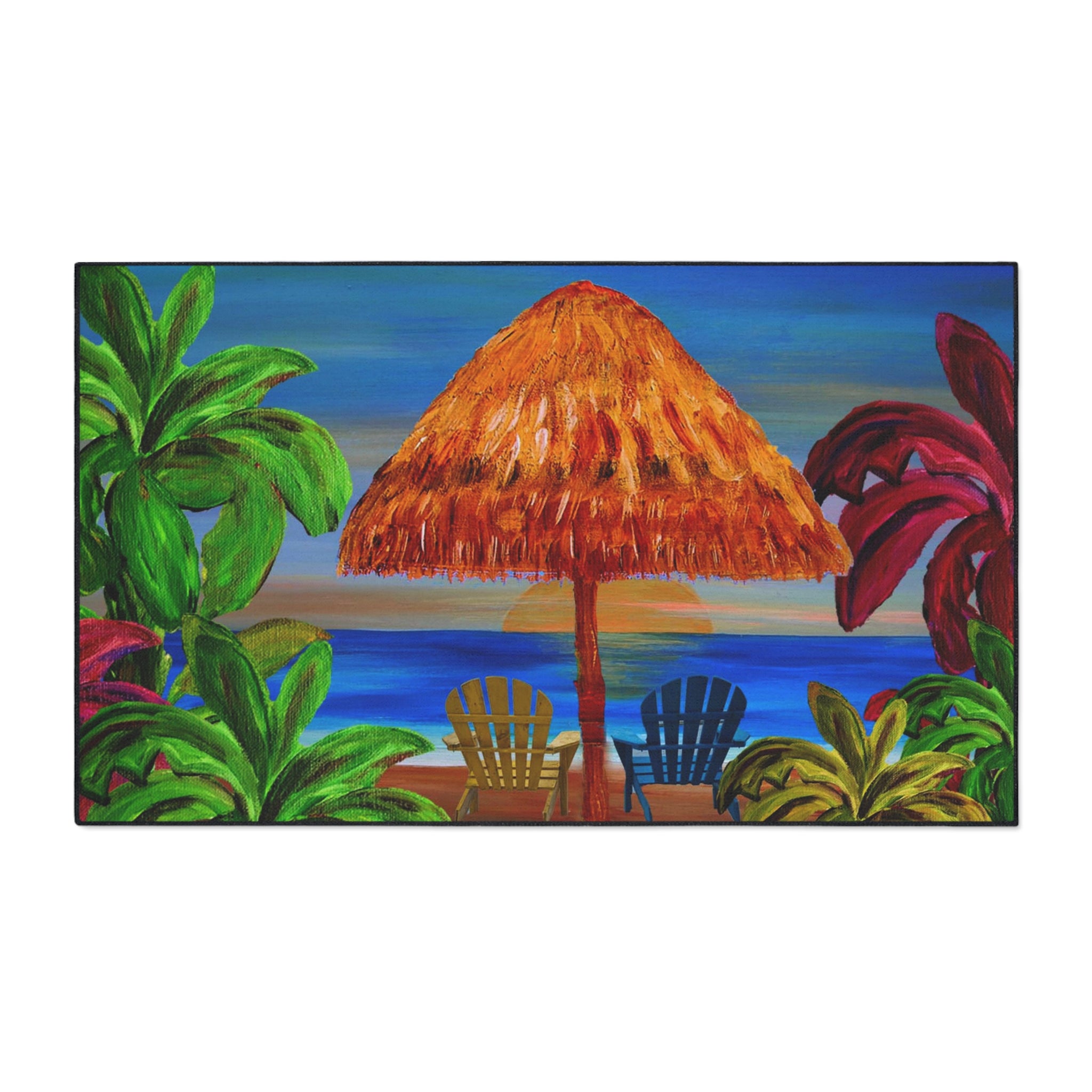 Tropical Beach Floor Mat — Sunset Palapa & Adirondack Chairs Heavy-Duty Door Rug