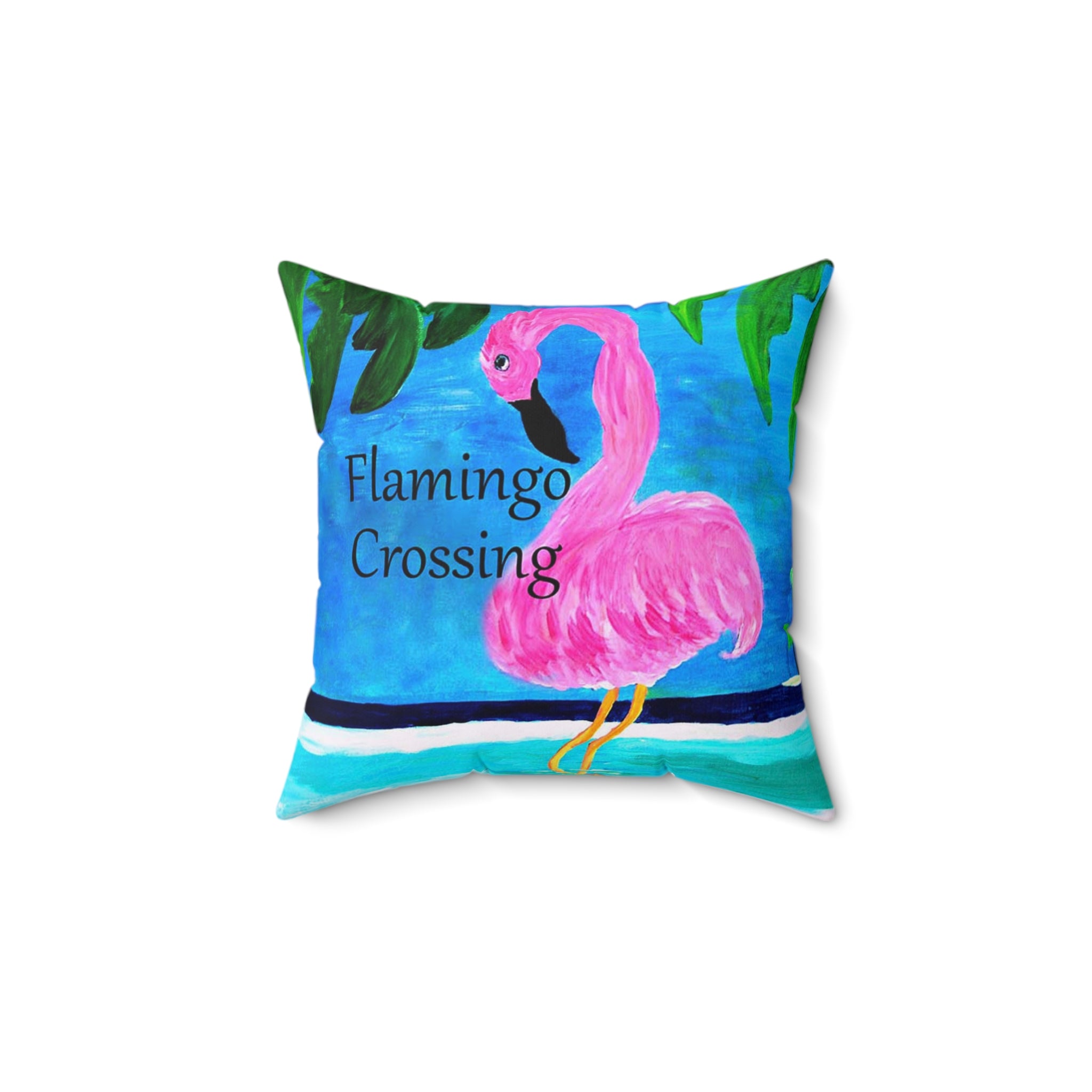Flamingo Crossing Throw Pillow — Tropical Pink Flamingo Decorative Pillow