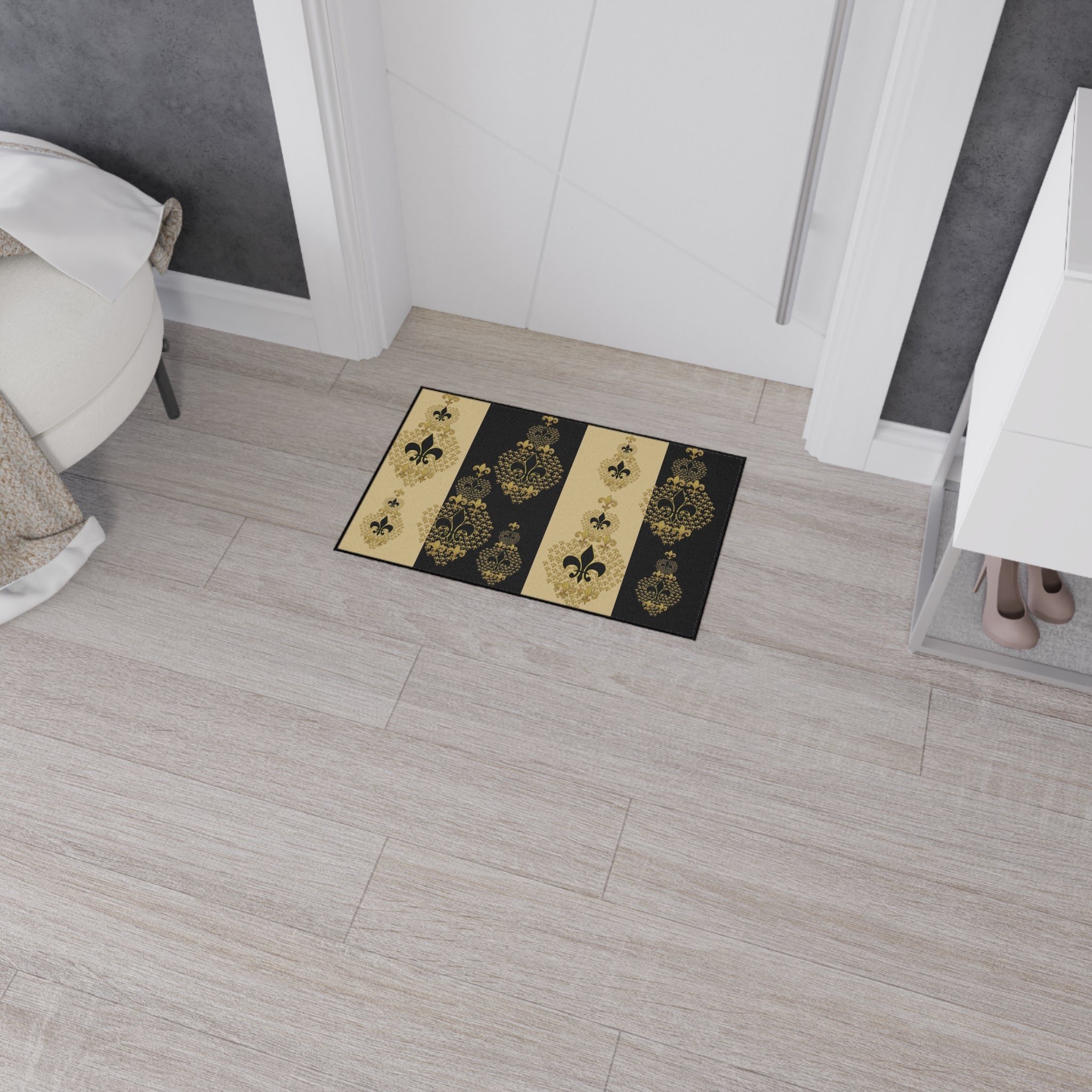 Fleur-de-Lis Heavy Duty Floor Mat — Black & Gold Decorative Entry Rug