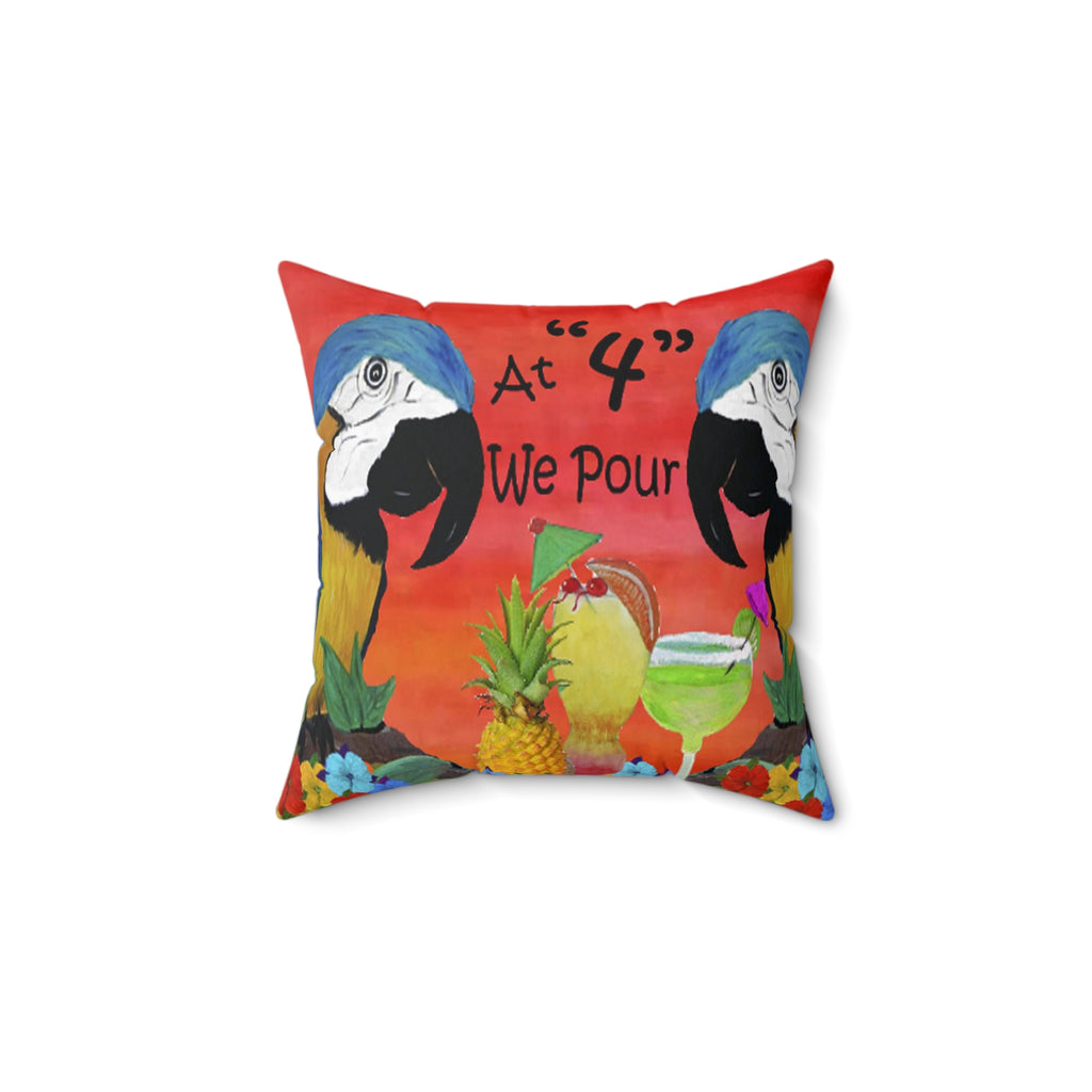Tropical Parrot Cocktail Pillow — "At '4' We Pour" Decorative Throw Pillow