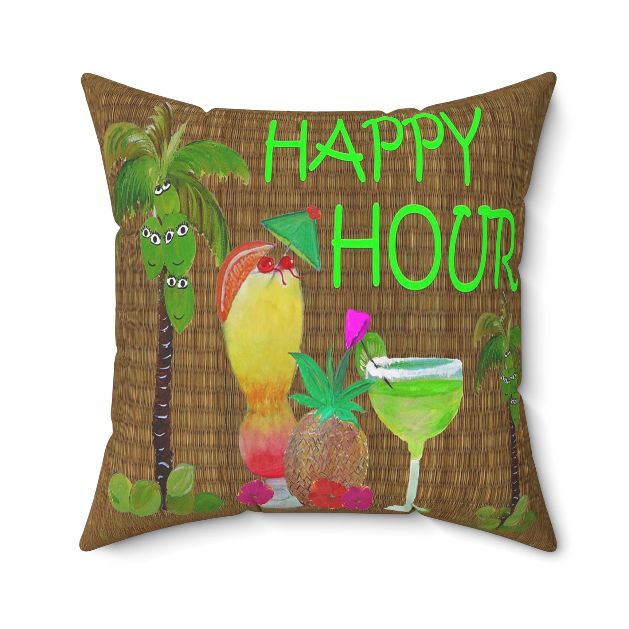 Happy Hour Tropical Pillow — Cocktail Bar Decorative Throw Pillow