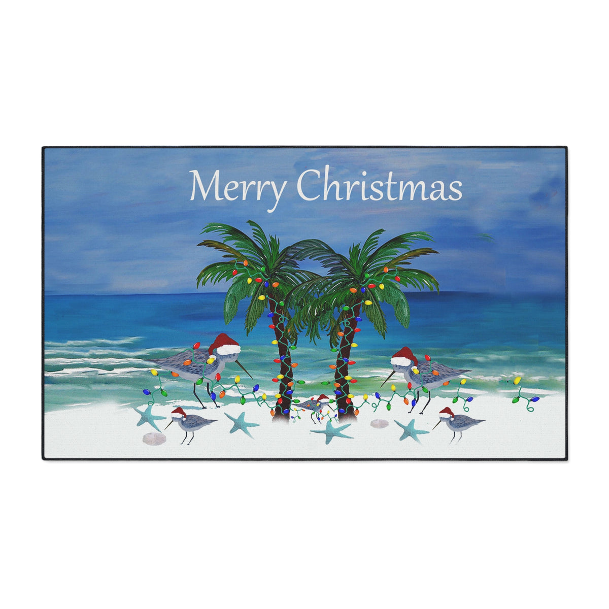 Sandpipers Shore Birds with Santa hats festive Beach Palm 'Merry Christmas' Floor Mat — Tropical Holiday Doormat