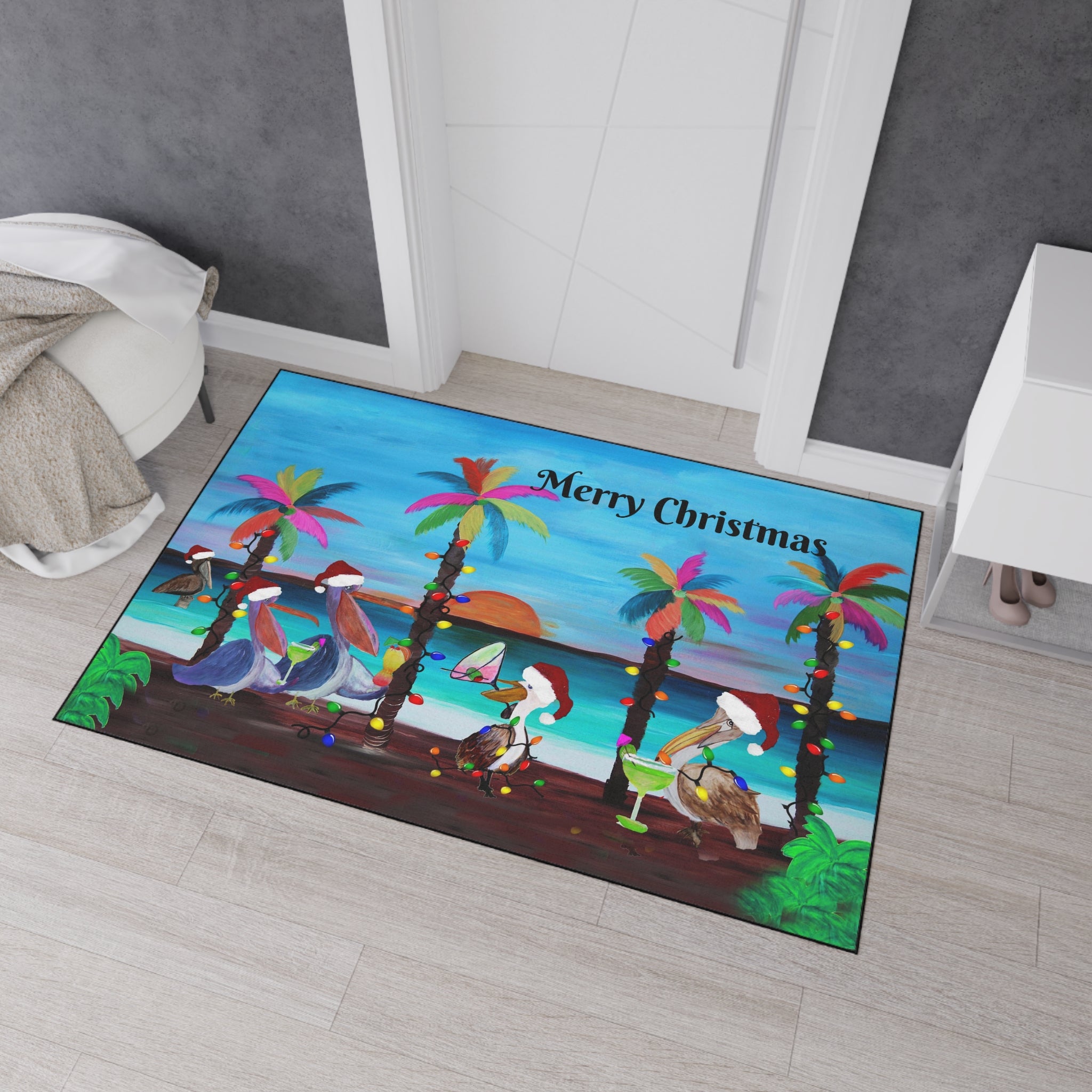 Christmas Pelican Beach Mat — "Merry Christmas" Holiday Doormat