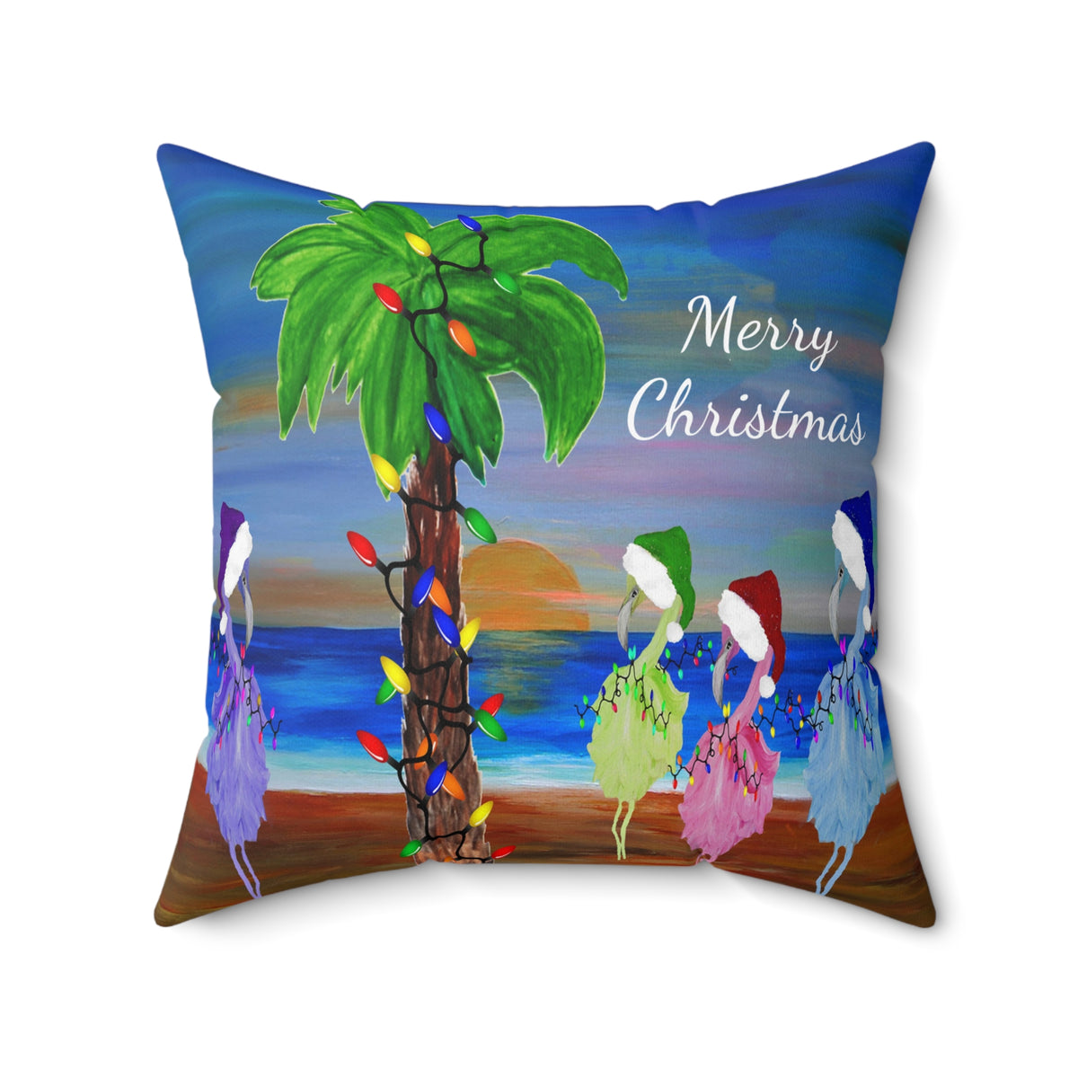 Flamingos Merry Christmas Tropical Palm Pillow — Festive Beach Holiday Decor