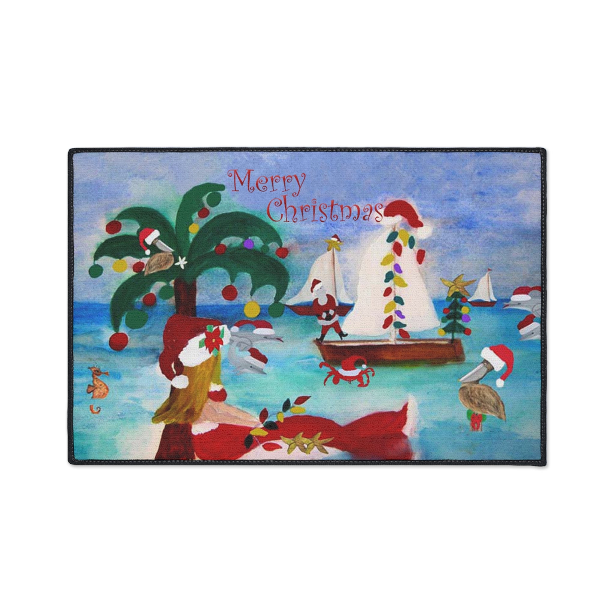Christmas Beach Mat — Merry Christmas Coastal Holiday Doormat