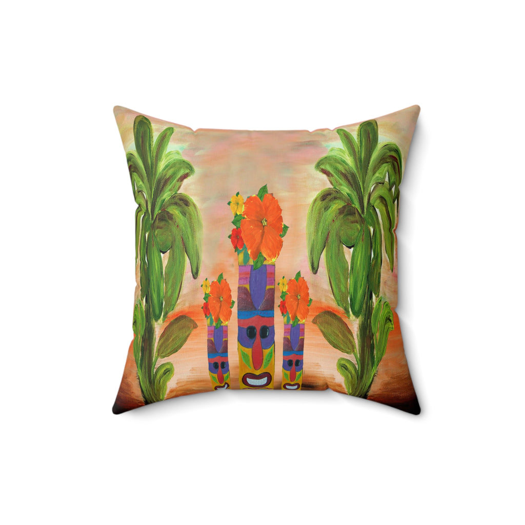 Tropical Tiki Flower Square Pillow — Tiki Man Totem Palm Throw
