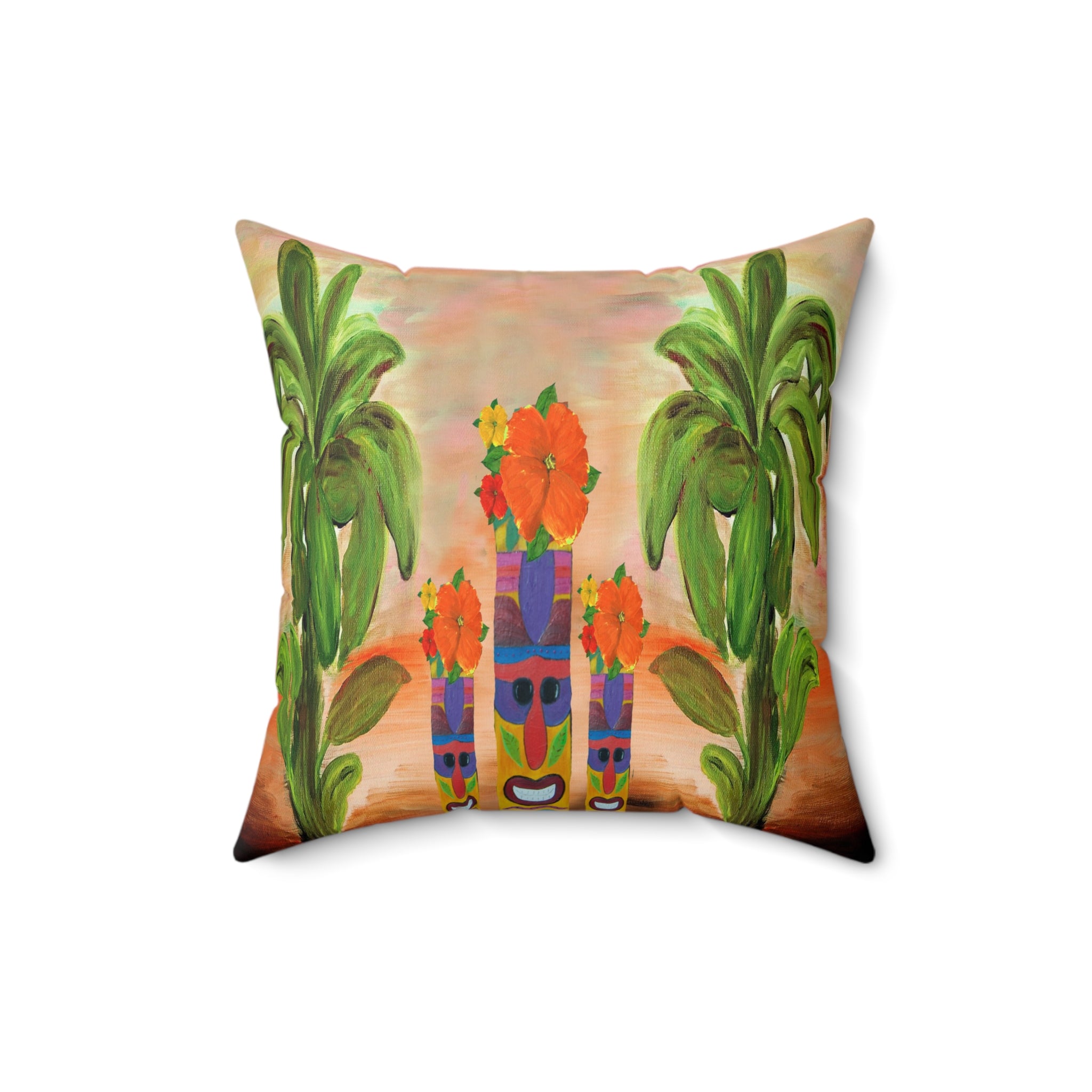 Tropical Tiki Flower Square Pillow — Tiki Man Totem Palm Throw