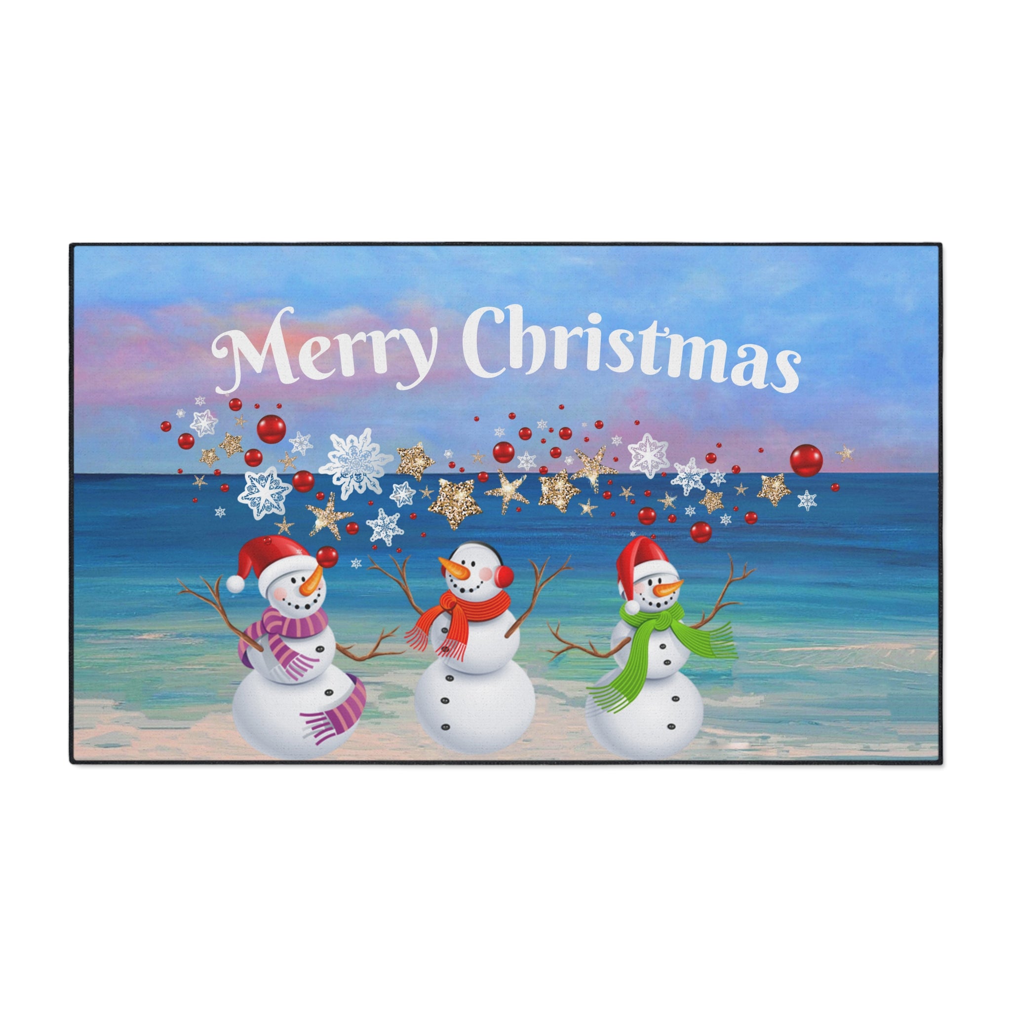 Christmas Snowmen Beach Heavy Duty Floor Mat - Merry Christmas Holiday Doormat