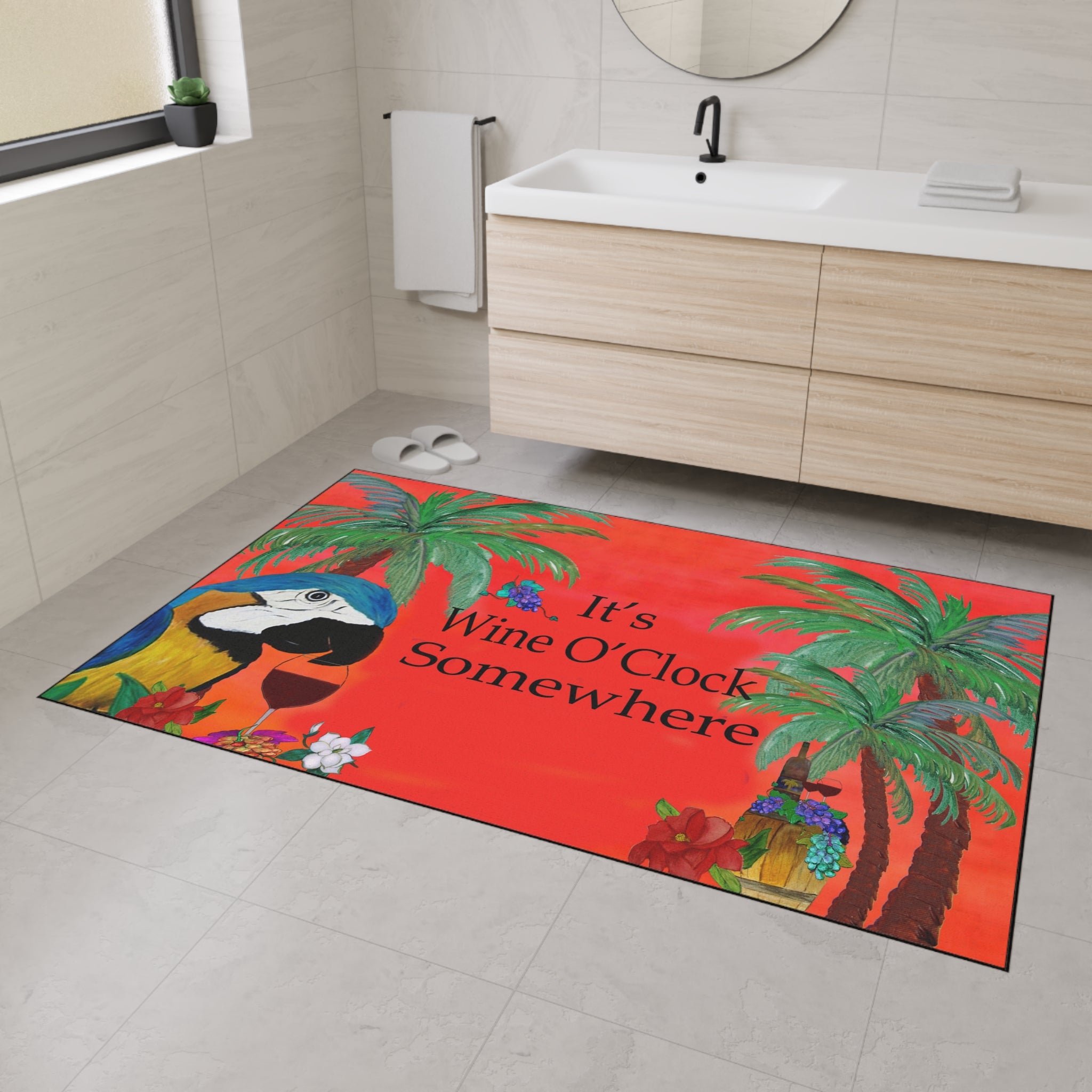 Floor Mat — "It’s Wine O’Clock Somewhere" Tropical Parrot Welcome Mat