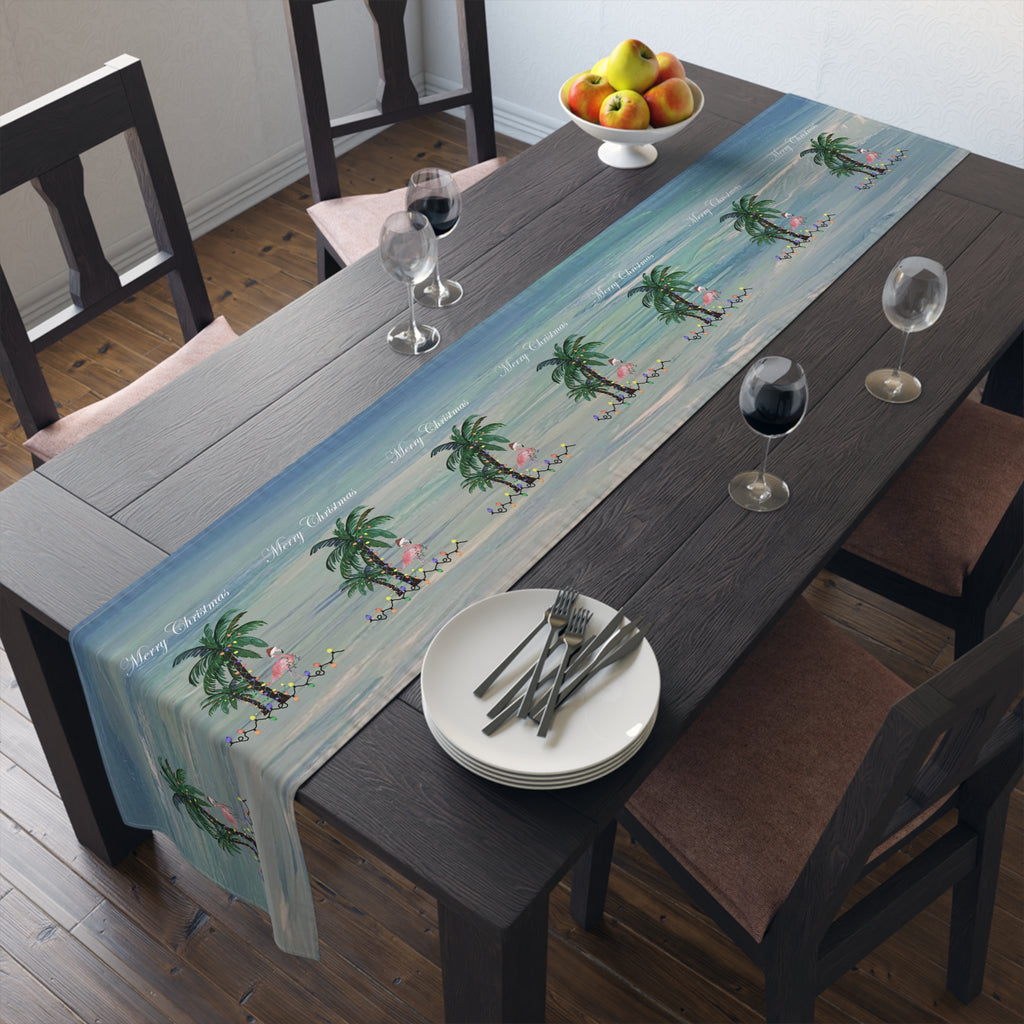 Tropical Palm Christmas Table Runner — "Merry Christmas" Coastal Holiday Decor