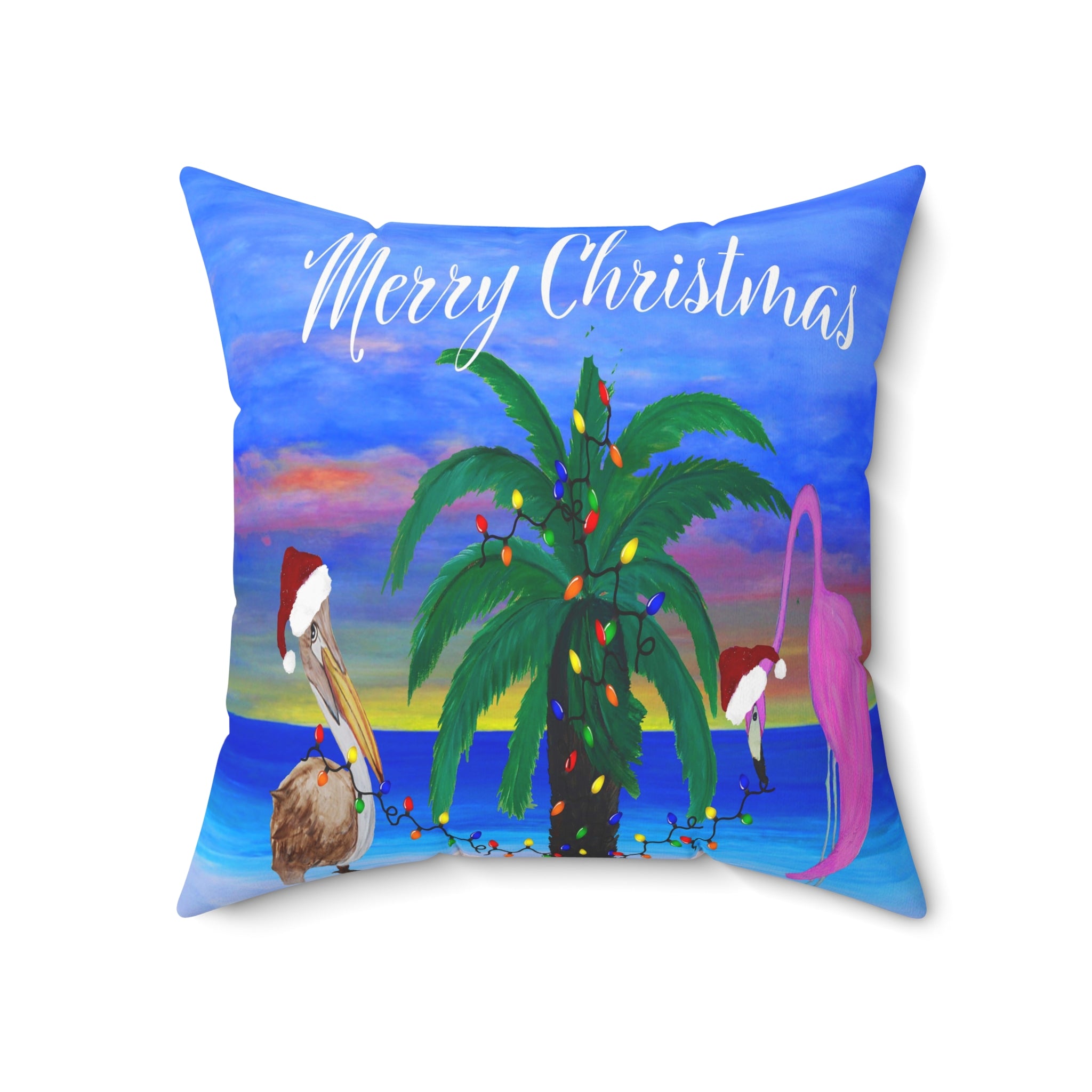 Christmas pelican and flamingo Santas trim a palm tree Holiday lights Spun Polyester Square Pillow