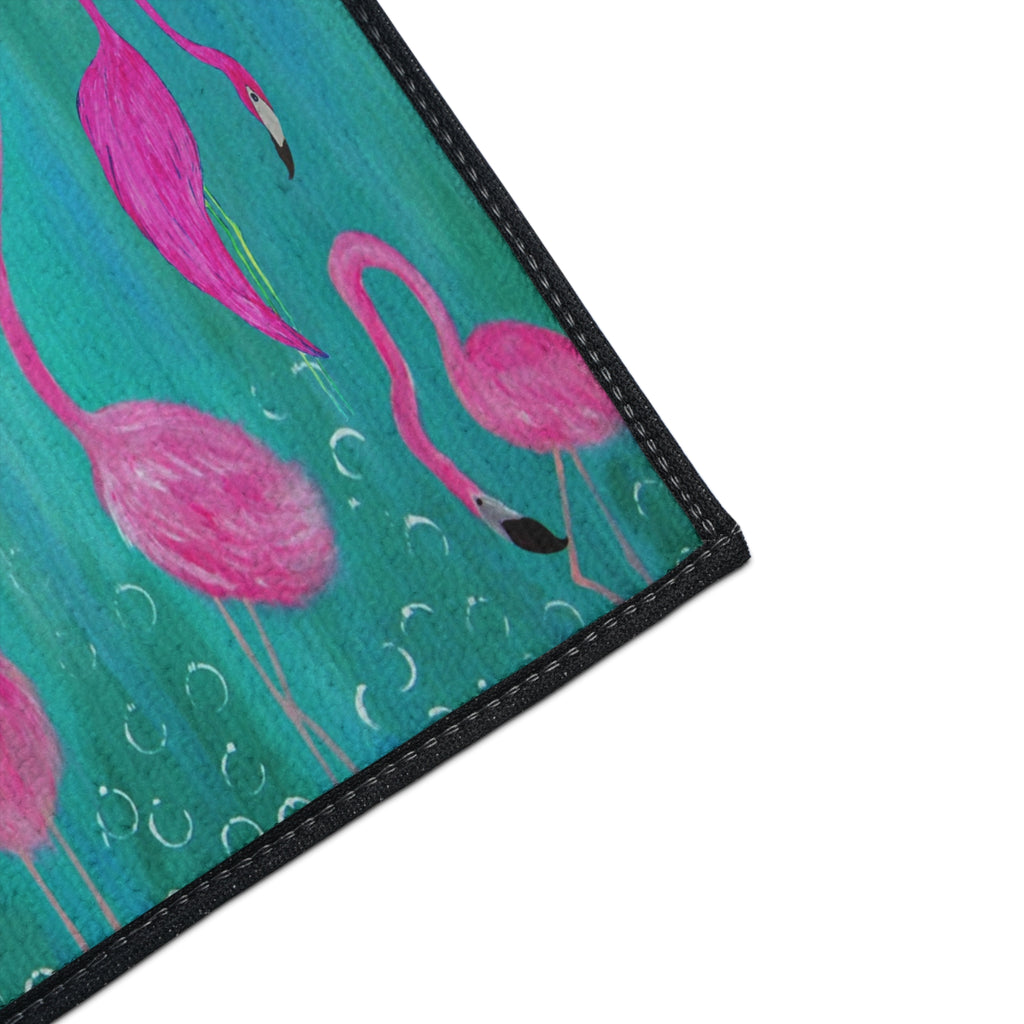 Flamingo Beach Floor Mat — Vibrant Pink Flamingos on Teal Non-Slip Mat