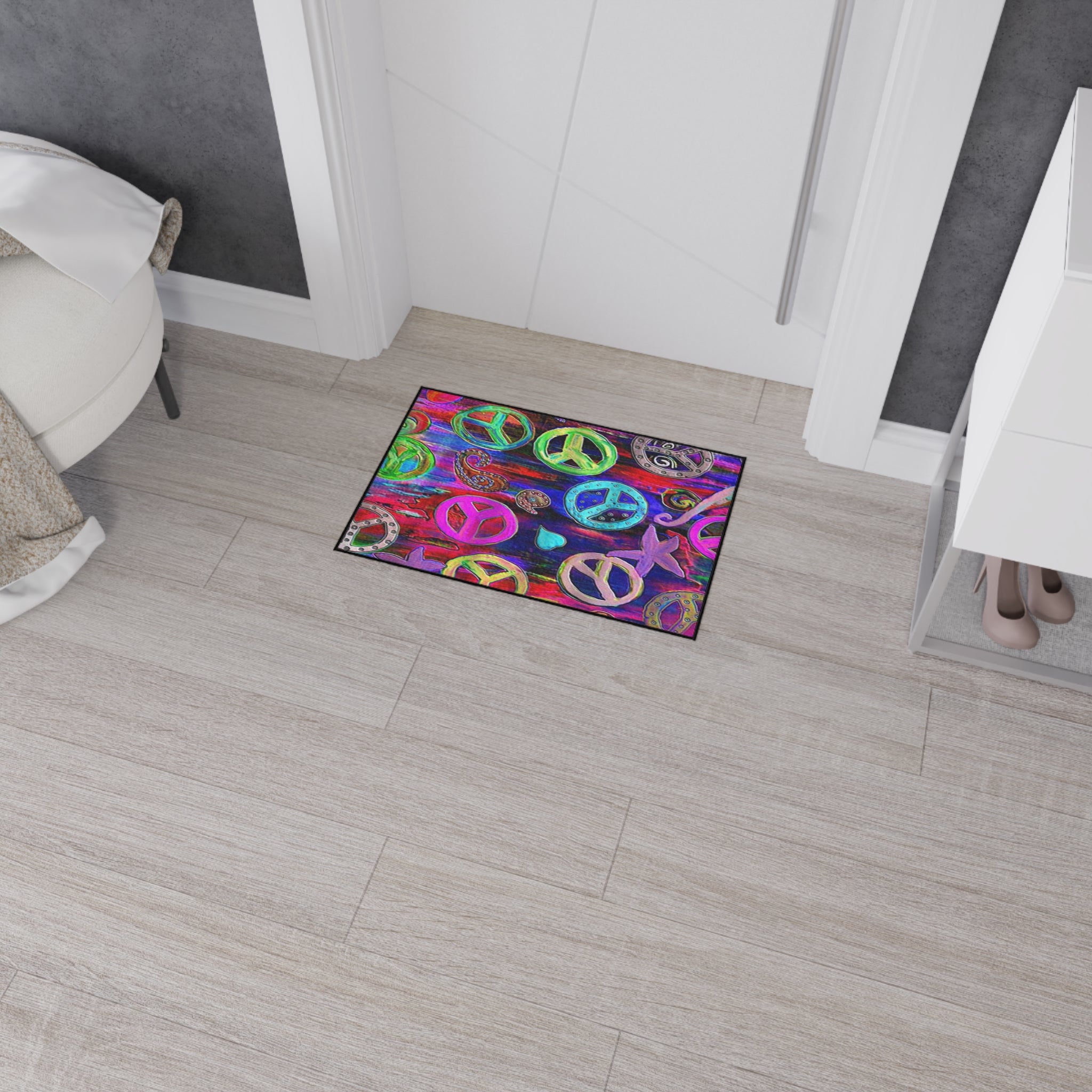 Vibrant Peace Signs Heavy Duty Floor Mat — Colorful Boho Entry Rug