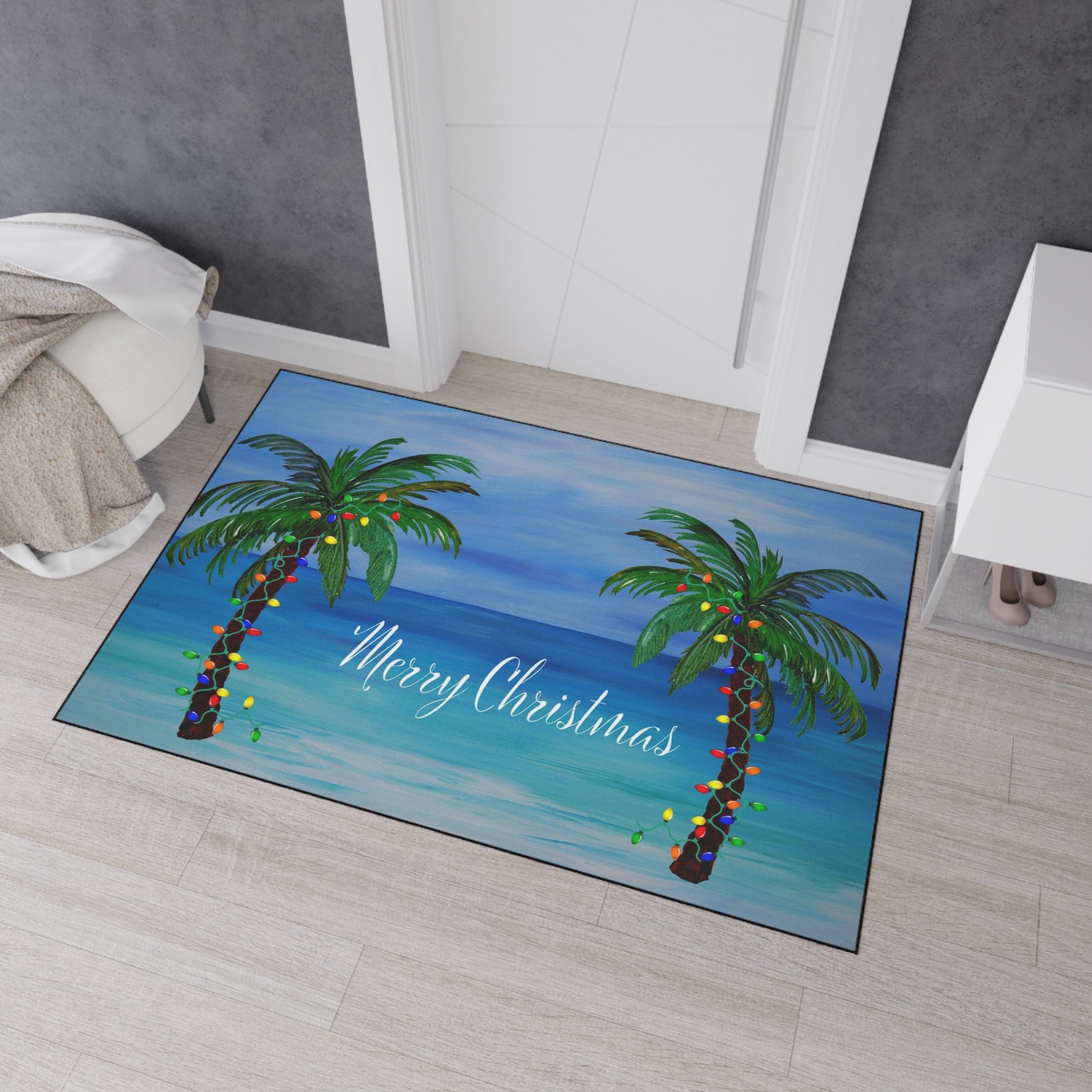 Merry Christmas Tropical Palm Doormat — Heavy Duty Holiday Floor Mat